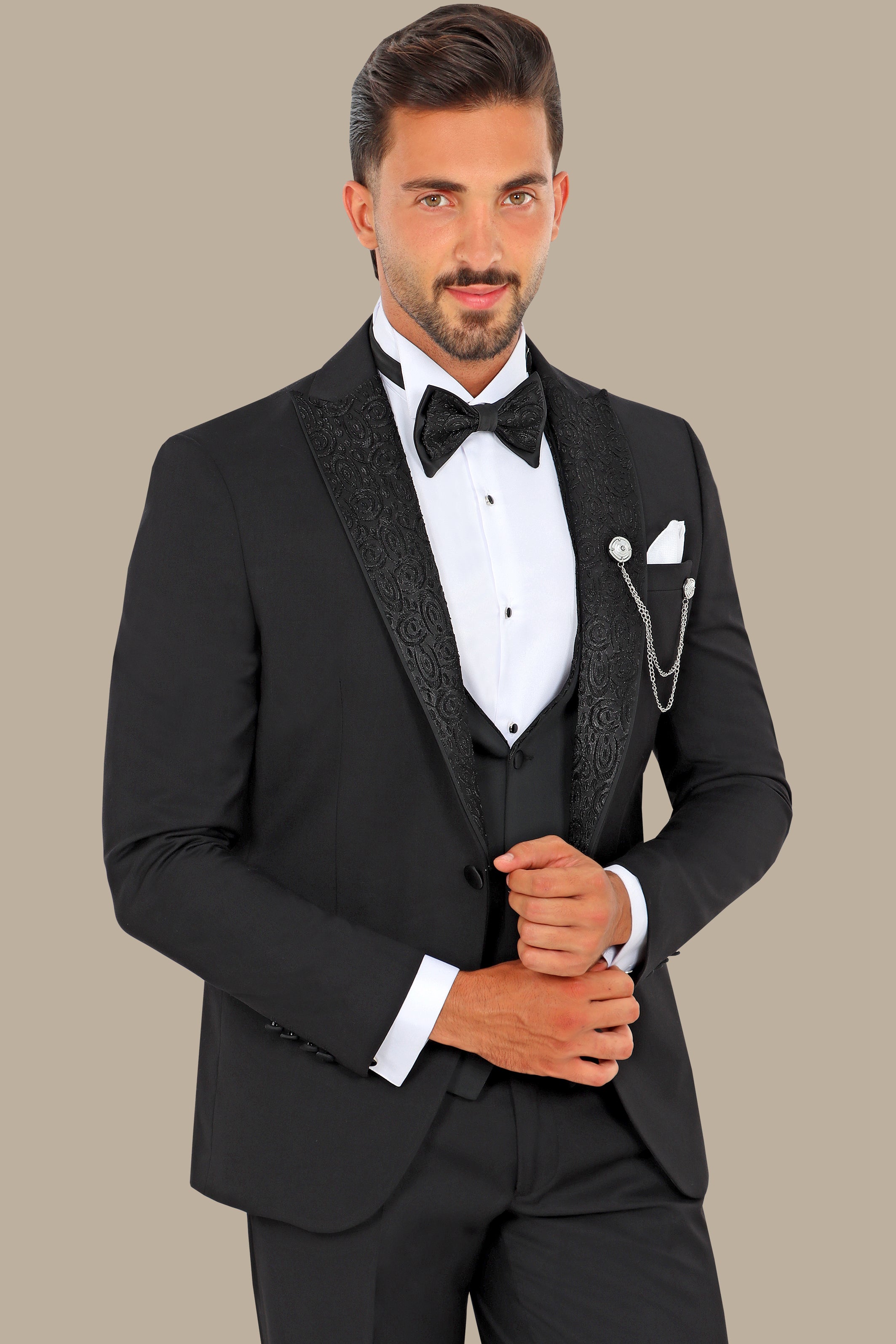 Imperial Noir Elegance: The Black Tuxedo Jacquard Collar 4-Piece Set