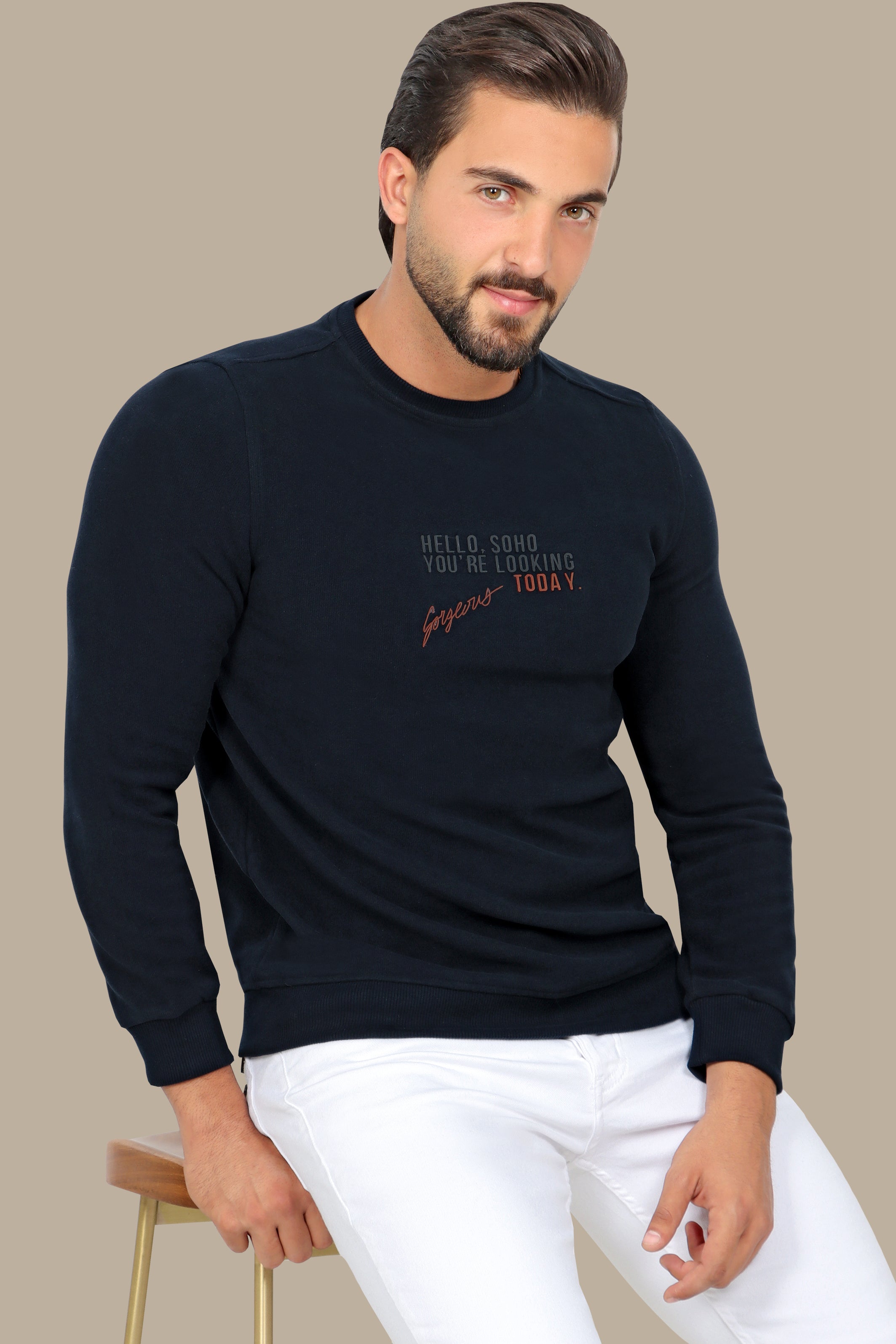 Urban Vibes: Navy Round Neck Sweatshirt with SOHO Print