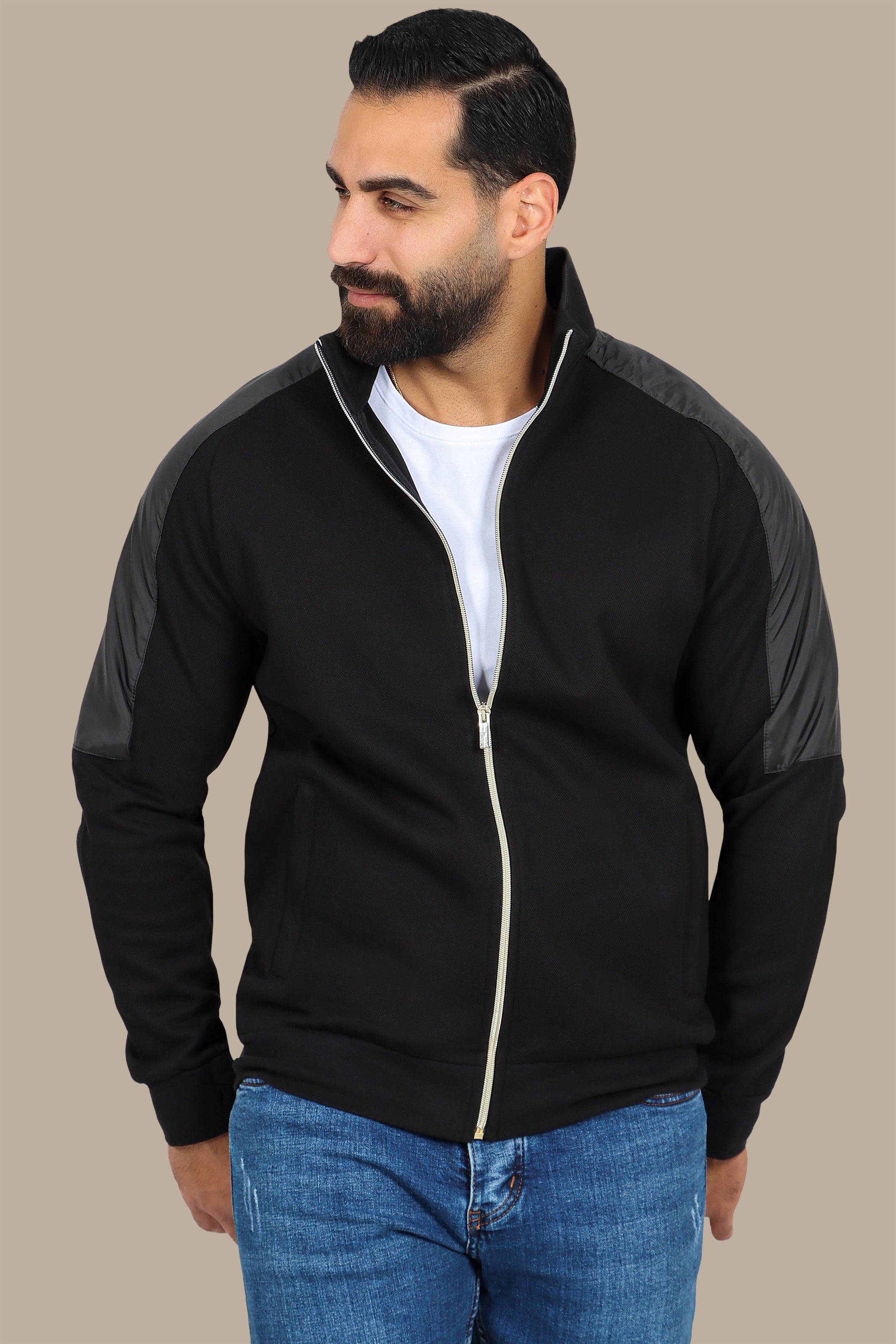 Black Full-Zip Cardigan with Mixed Shoulder Fabric