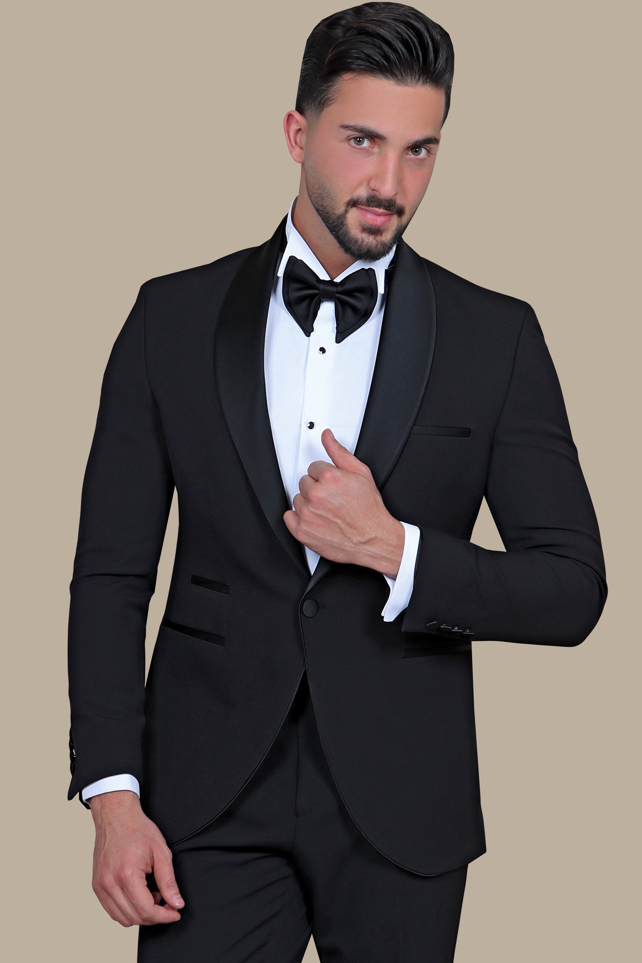 Black Collar 3-Piece Tuxedo with Double Fillet Side Detailing