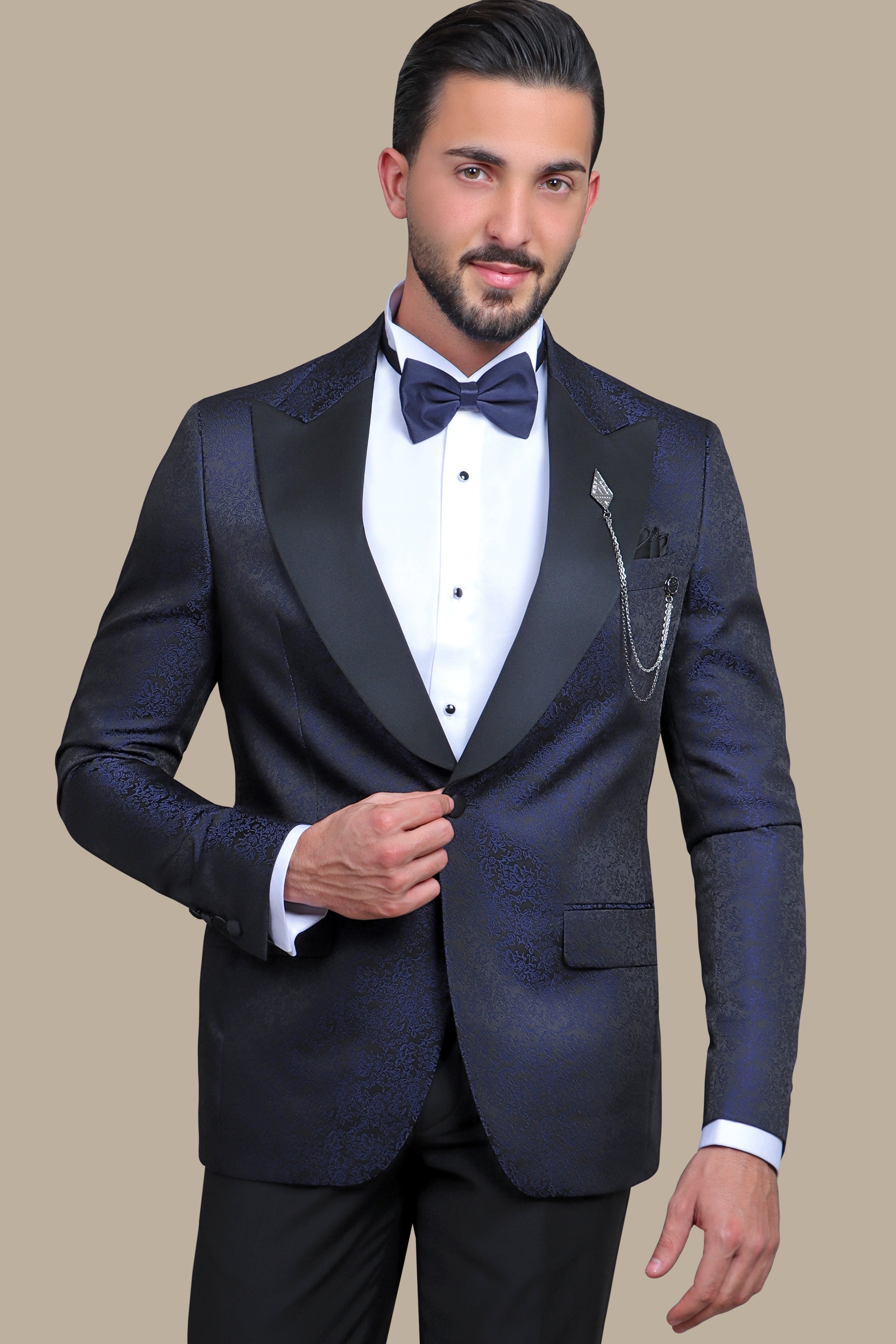 Regal Reverie: Navy Jacquard Flower Print Tuxedo