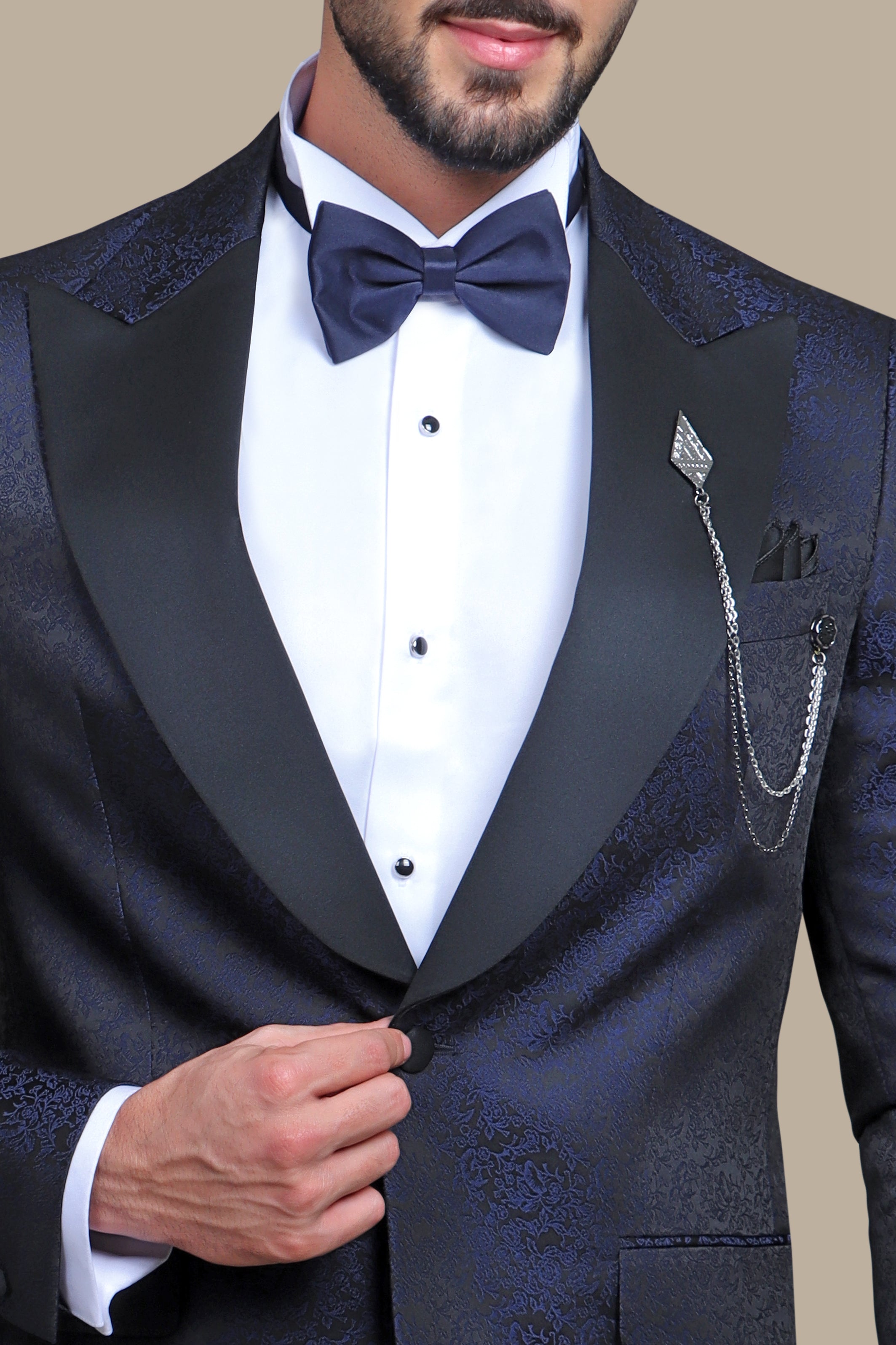 Regal Reverie: Navy Jacquard Flower Print Tuxedo