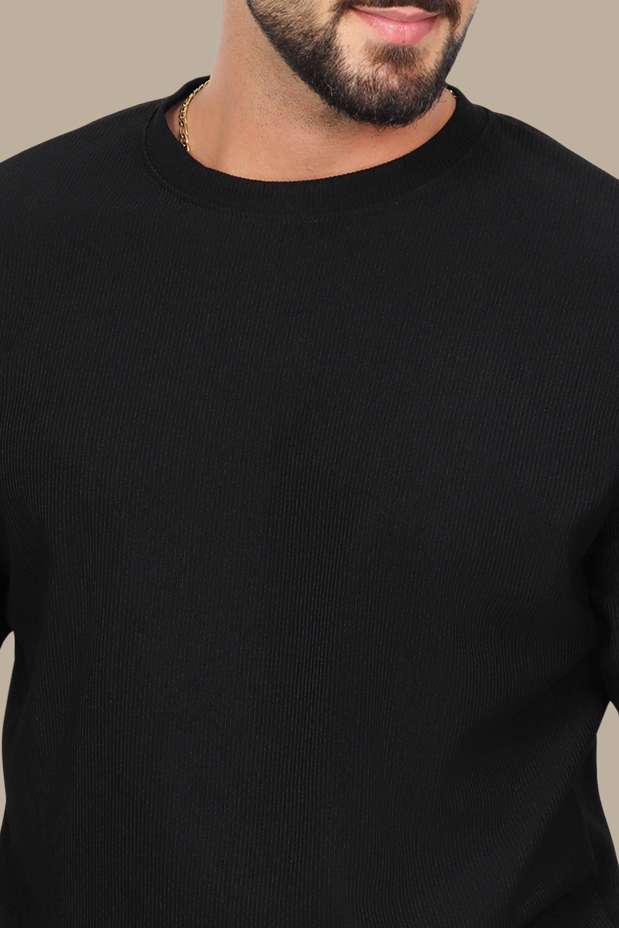 Black Ribbed Round Neck Long Sleeve Sweater