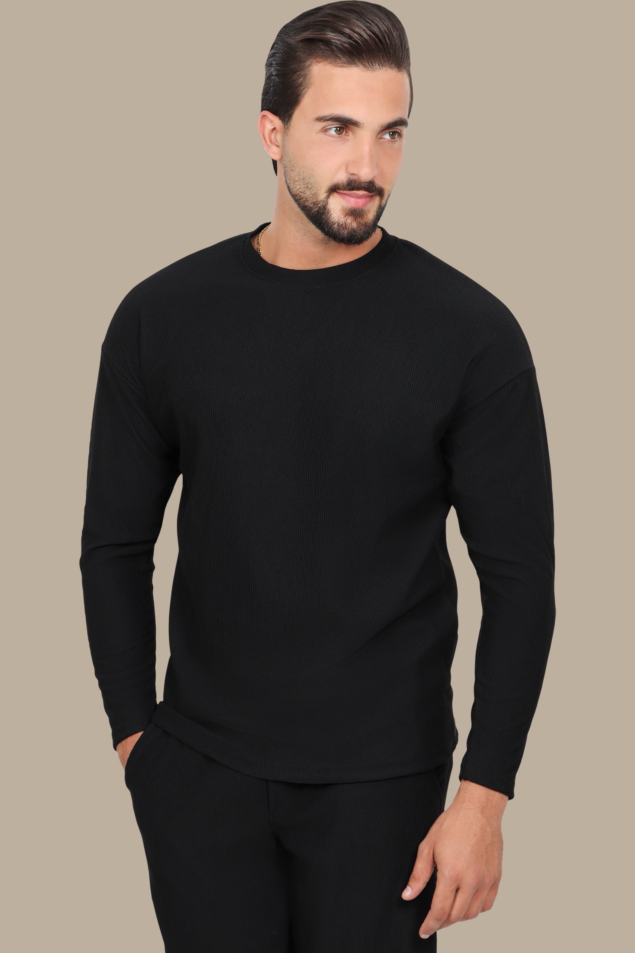 Black Ribbed Round Neck Long Sleeve Sweater