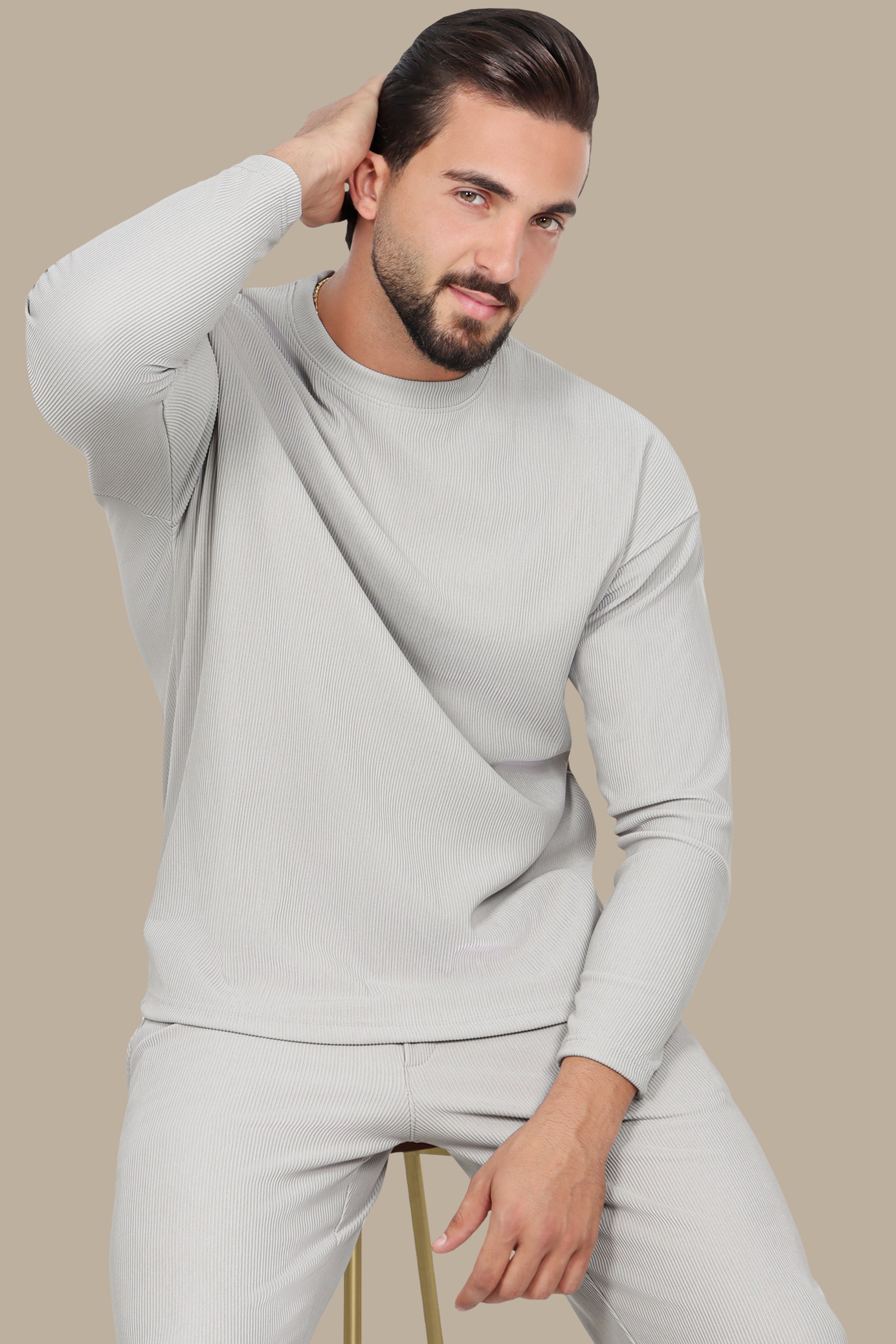 Grey Ribbed Round Neck Long Sleeve Sweater