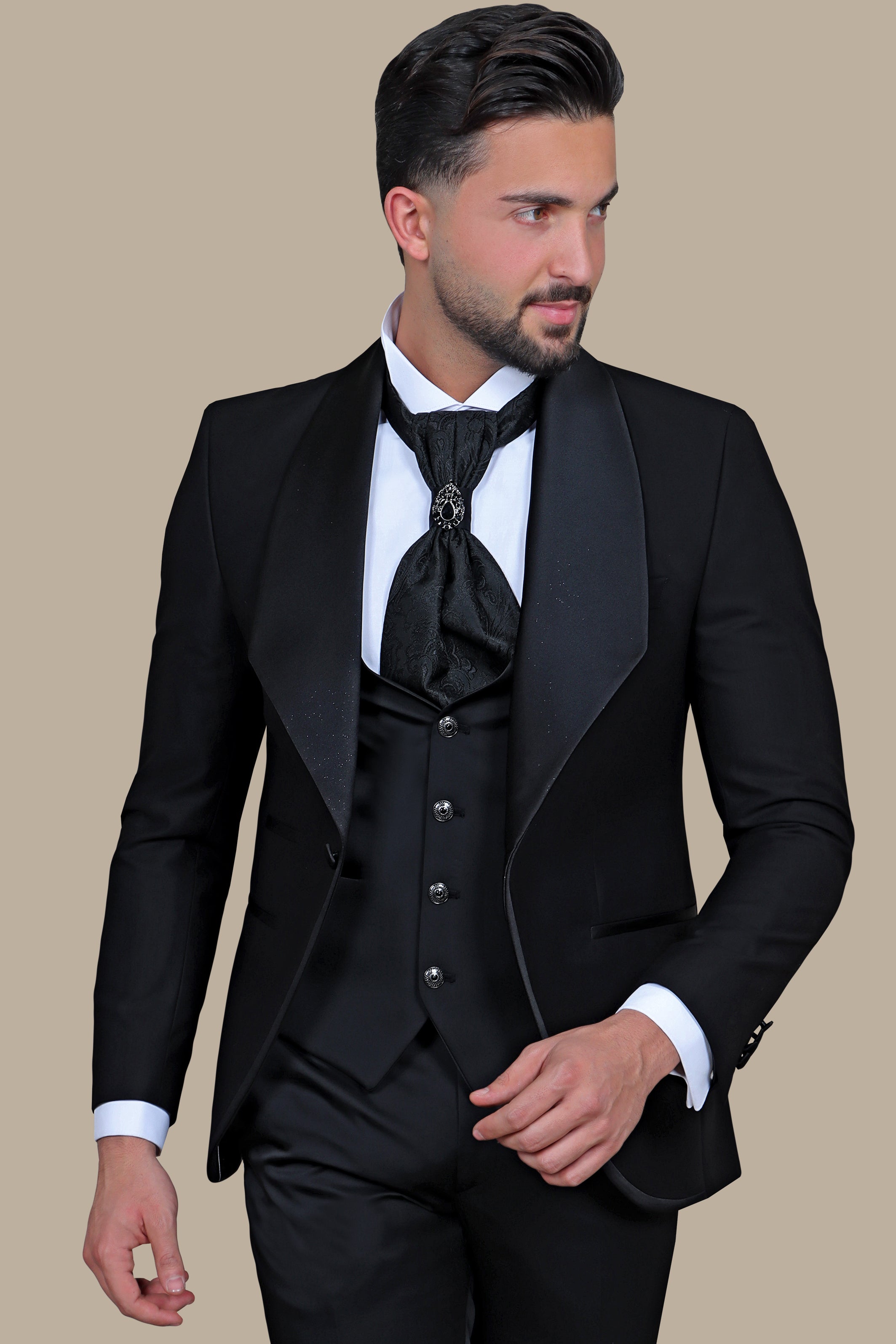 Elegant Glitter Black Collar 3-Piece Tuxedo Suit