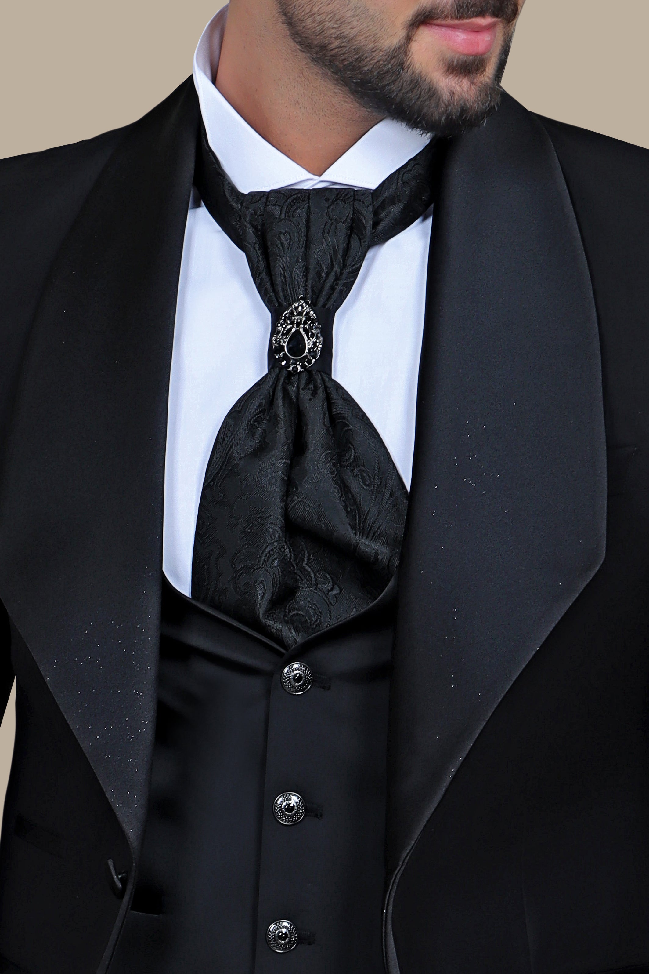 Elegant Glitter Black Collar 3-Piece Tuxedo Suit