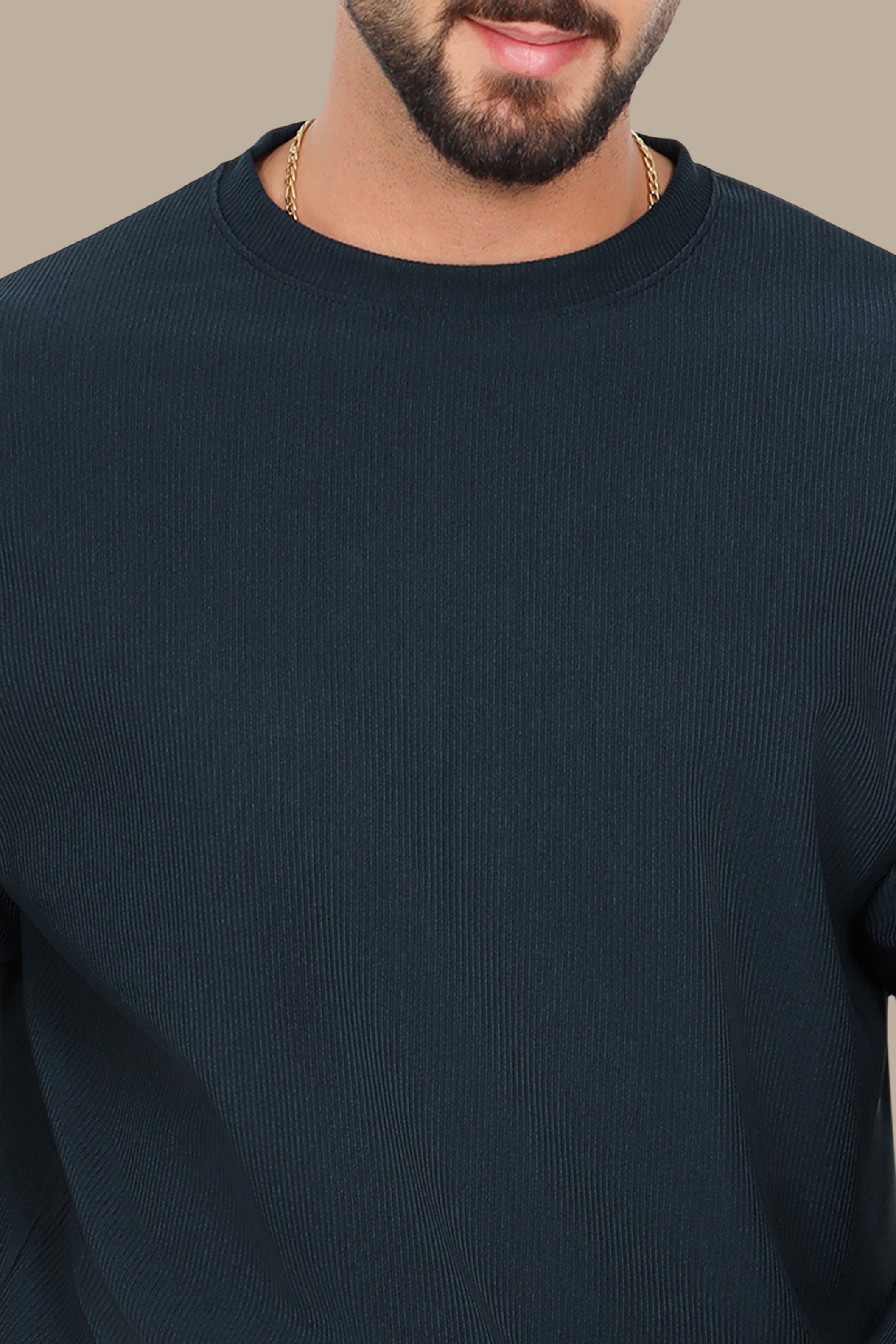 Petrol Ribbed Round Neck Long Sleeve Sweater