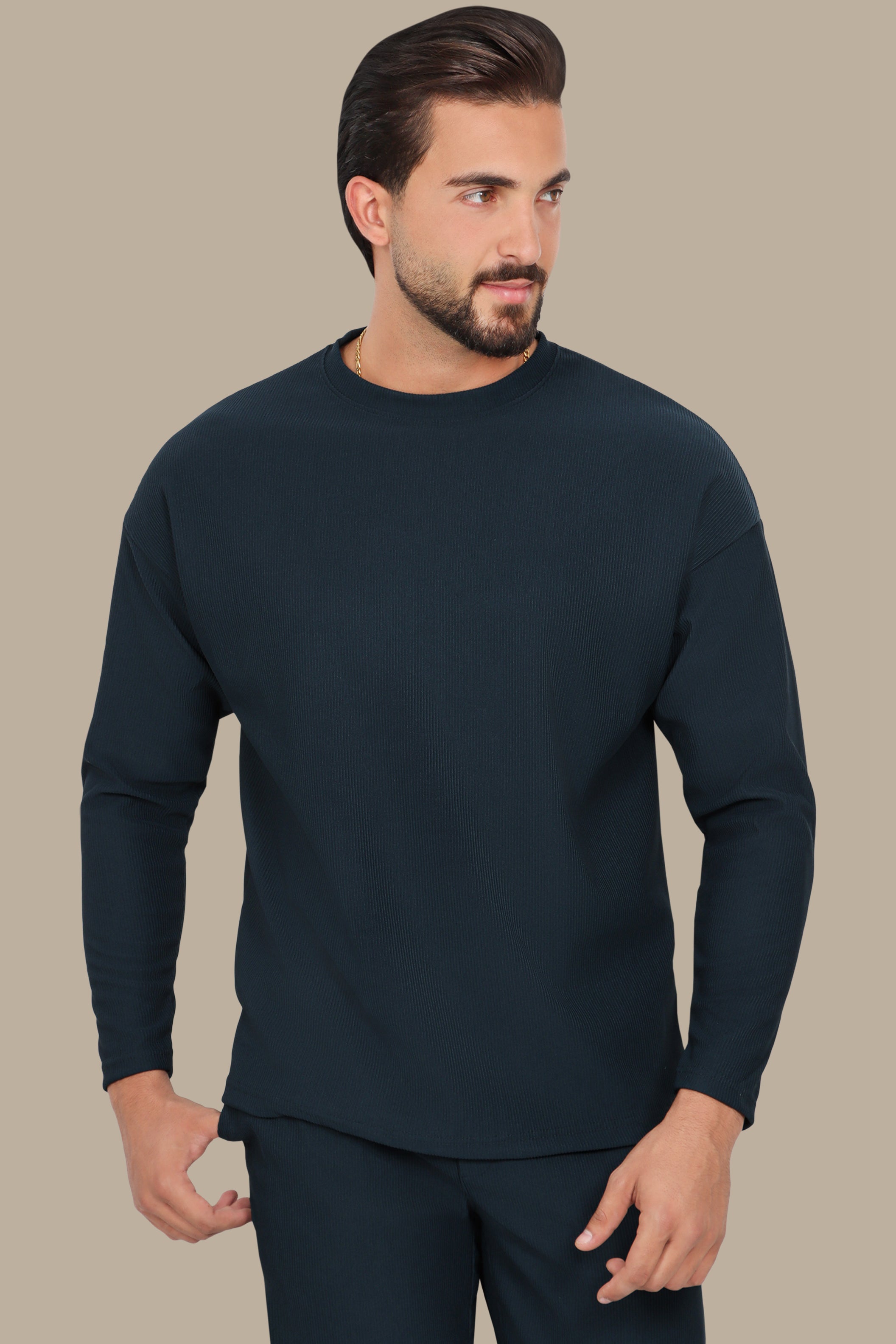 Petrol Ribbed Round Neck Long Sleeve Sweater