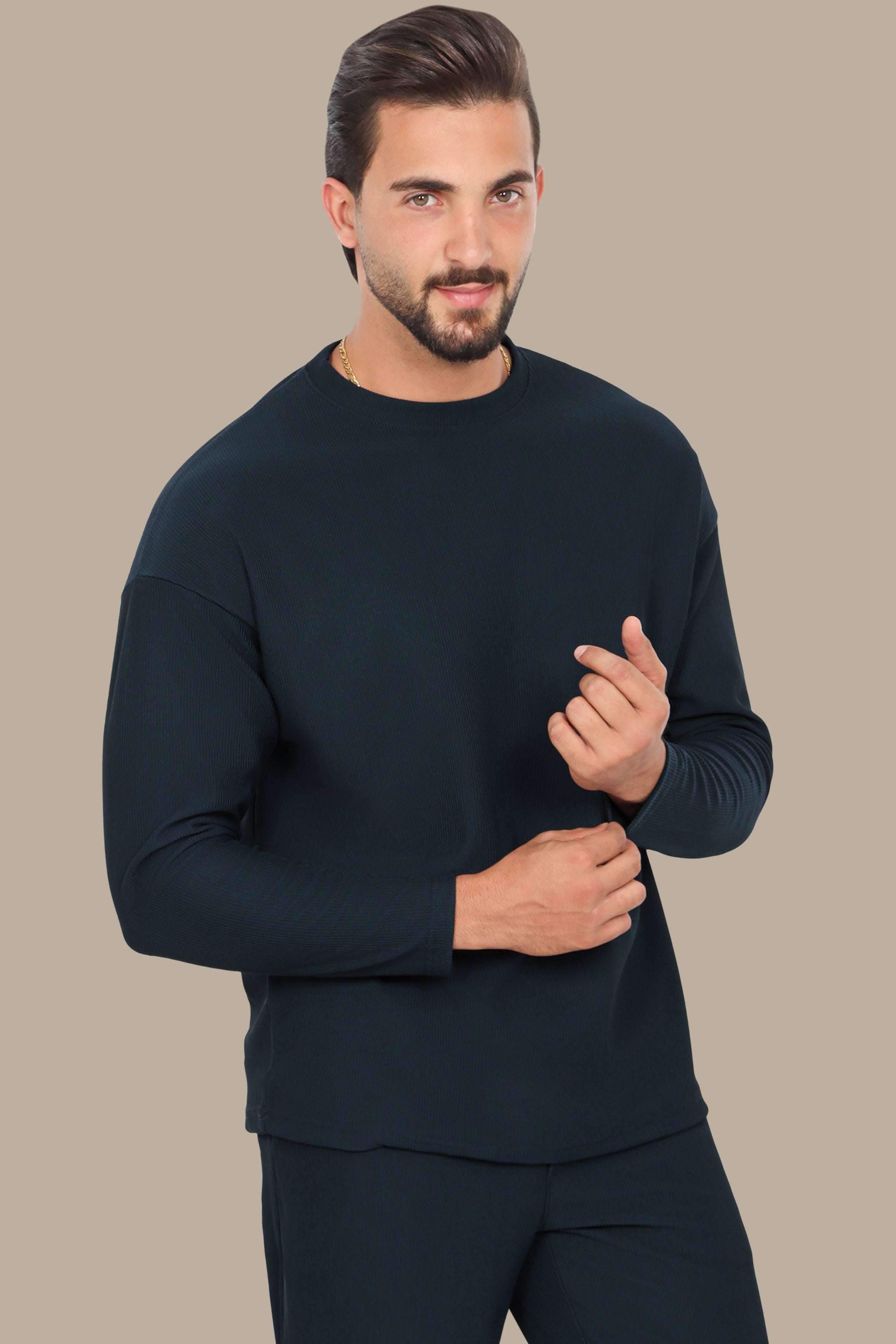 Petrol Ribbed Round Neck Long Sleeve Sweater