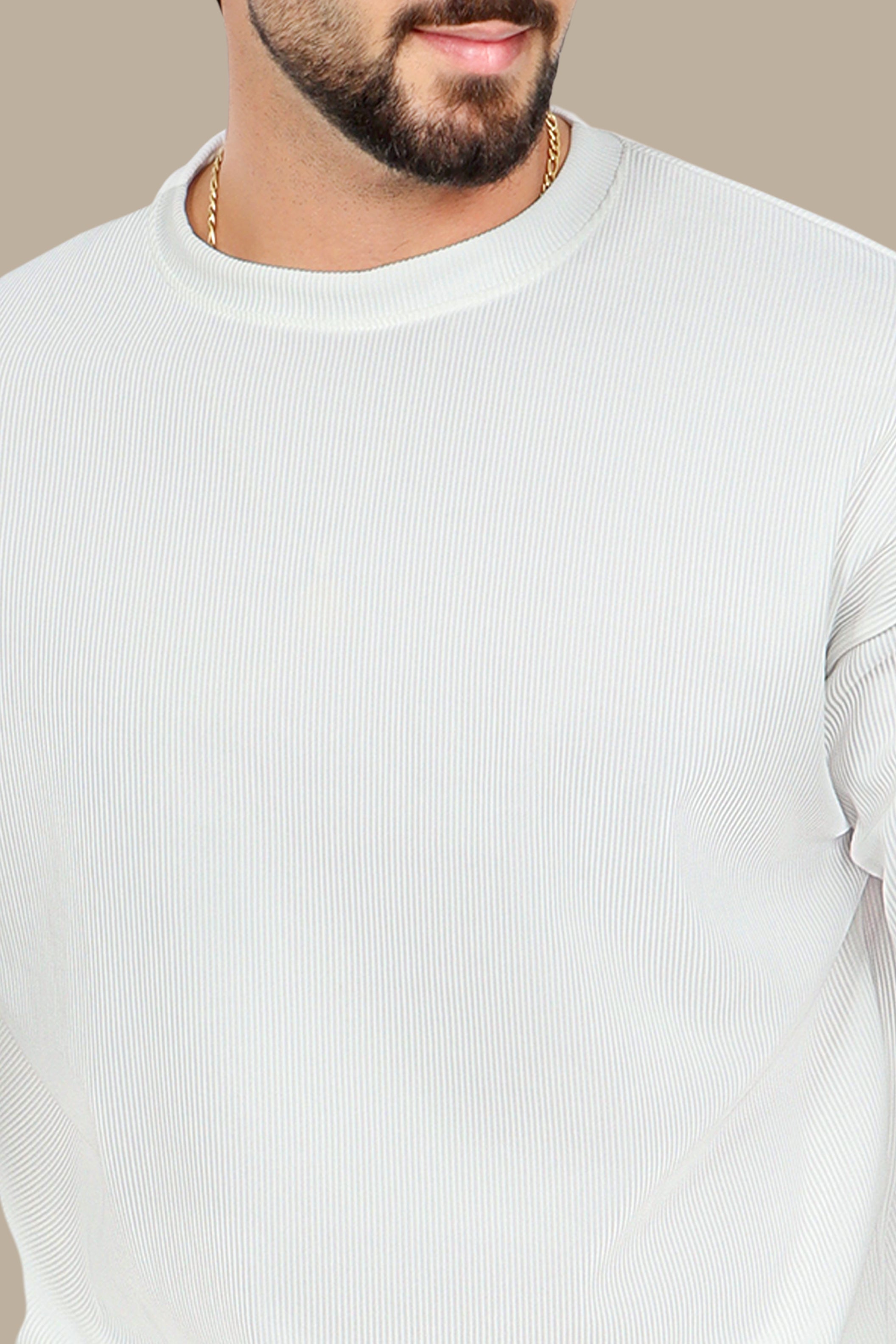 White Ribbed Round Neck Long Sleeve Sweater