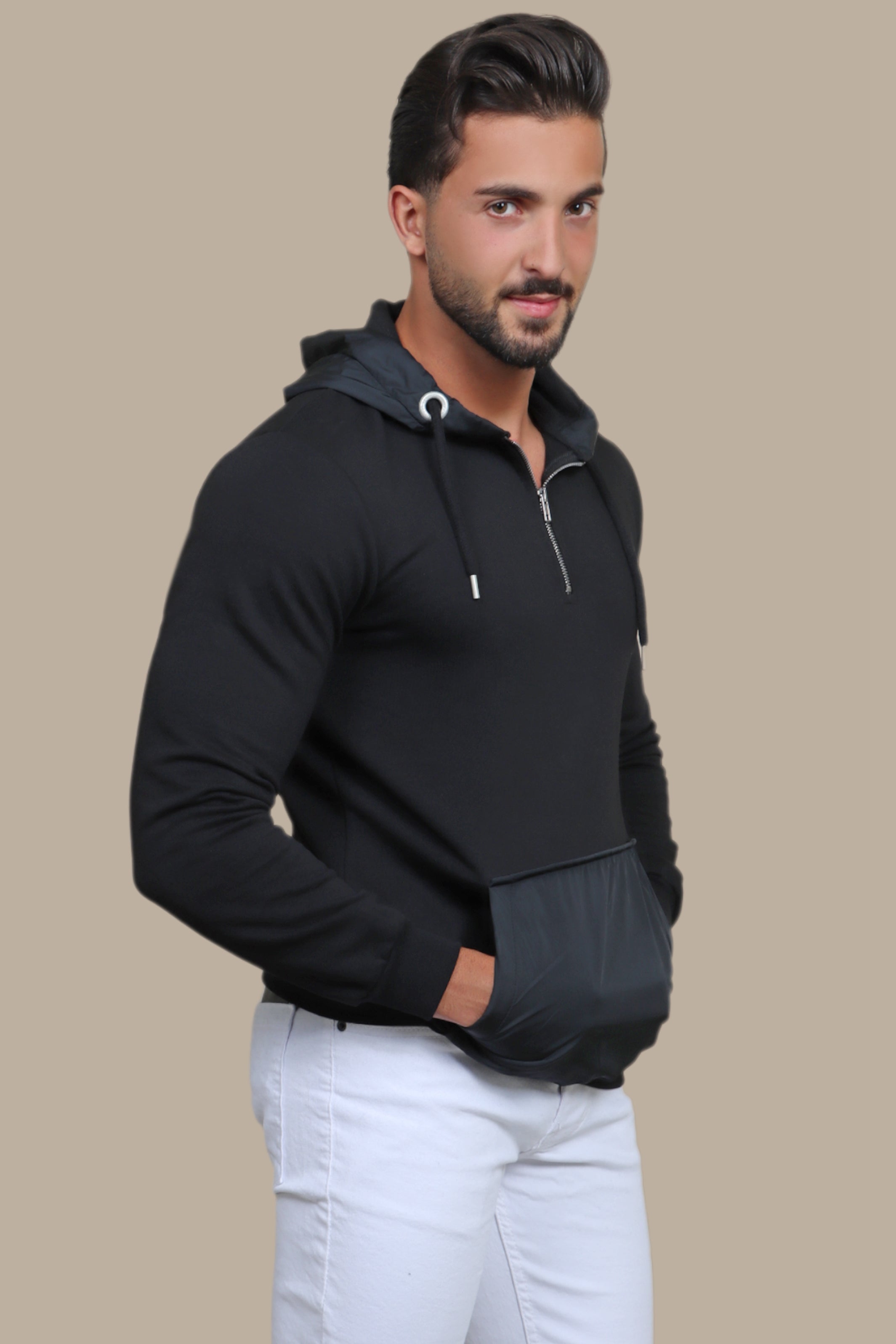 Midnight Elegance: The Black Mix Fabric Hooded Sweatshirt