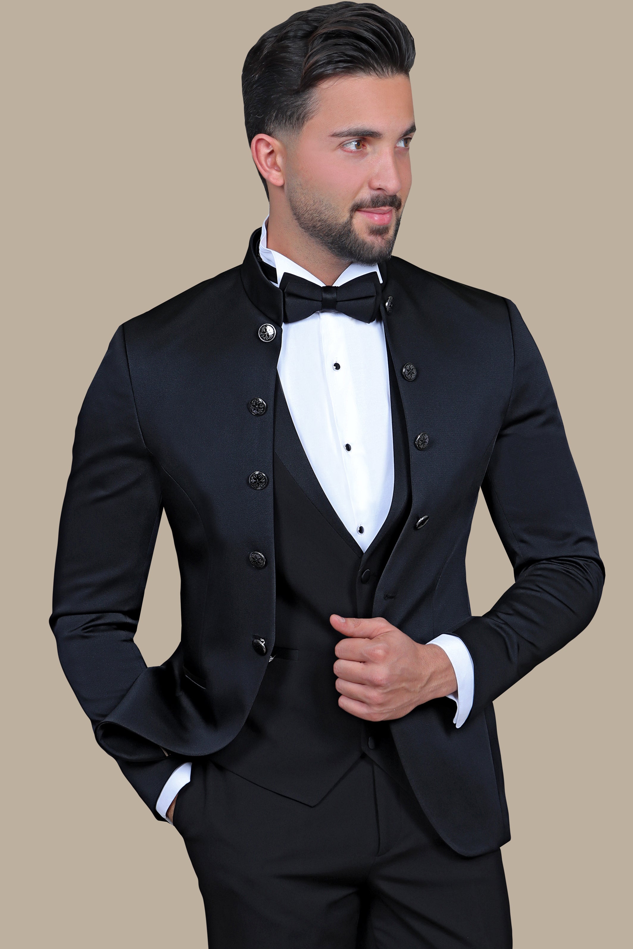 Black Patterned Vest 4-Piece Shawl Collar Tuxedo Ensemble