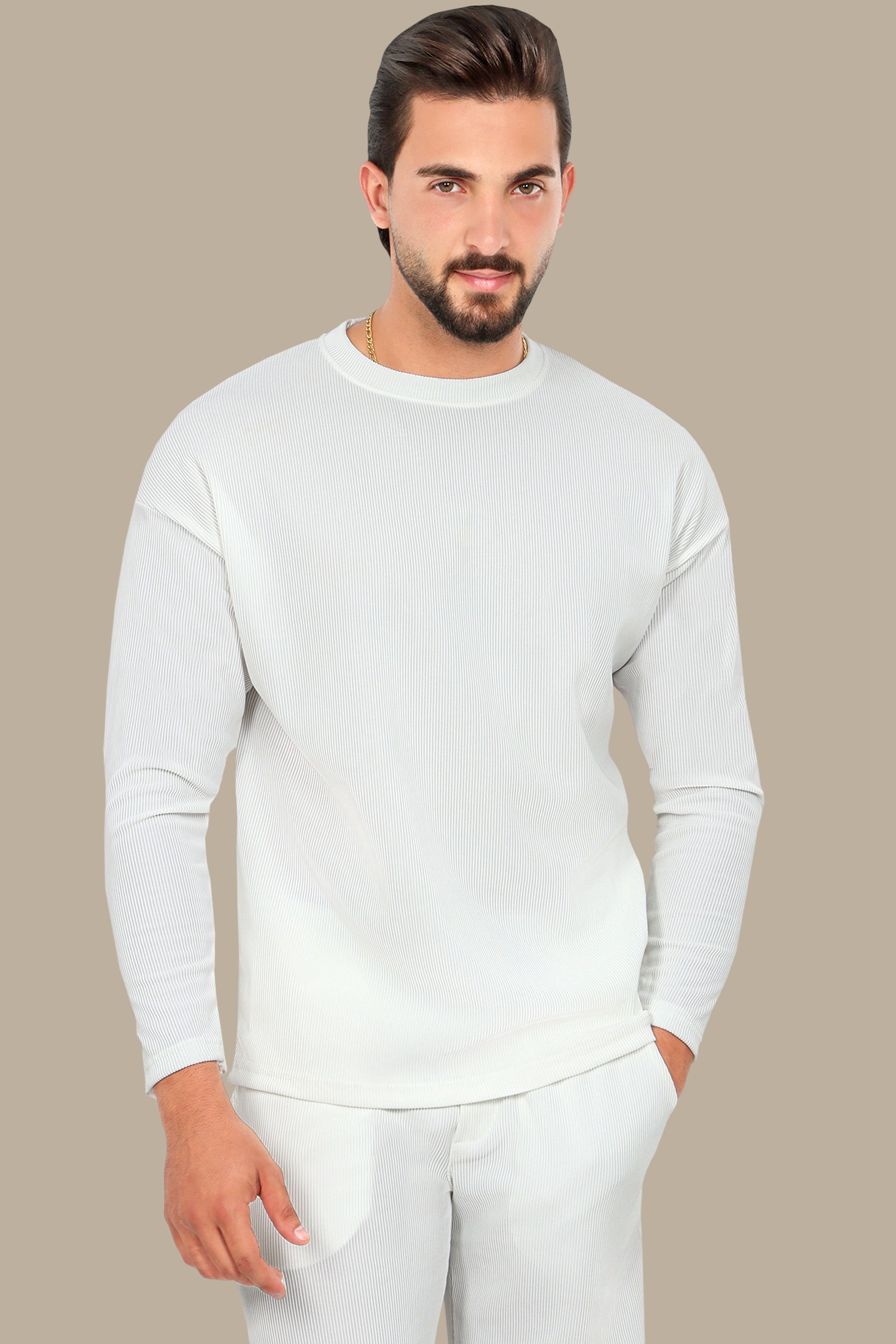 White Ribbed Round Neck Long Sleeve Sweater