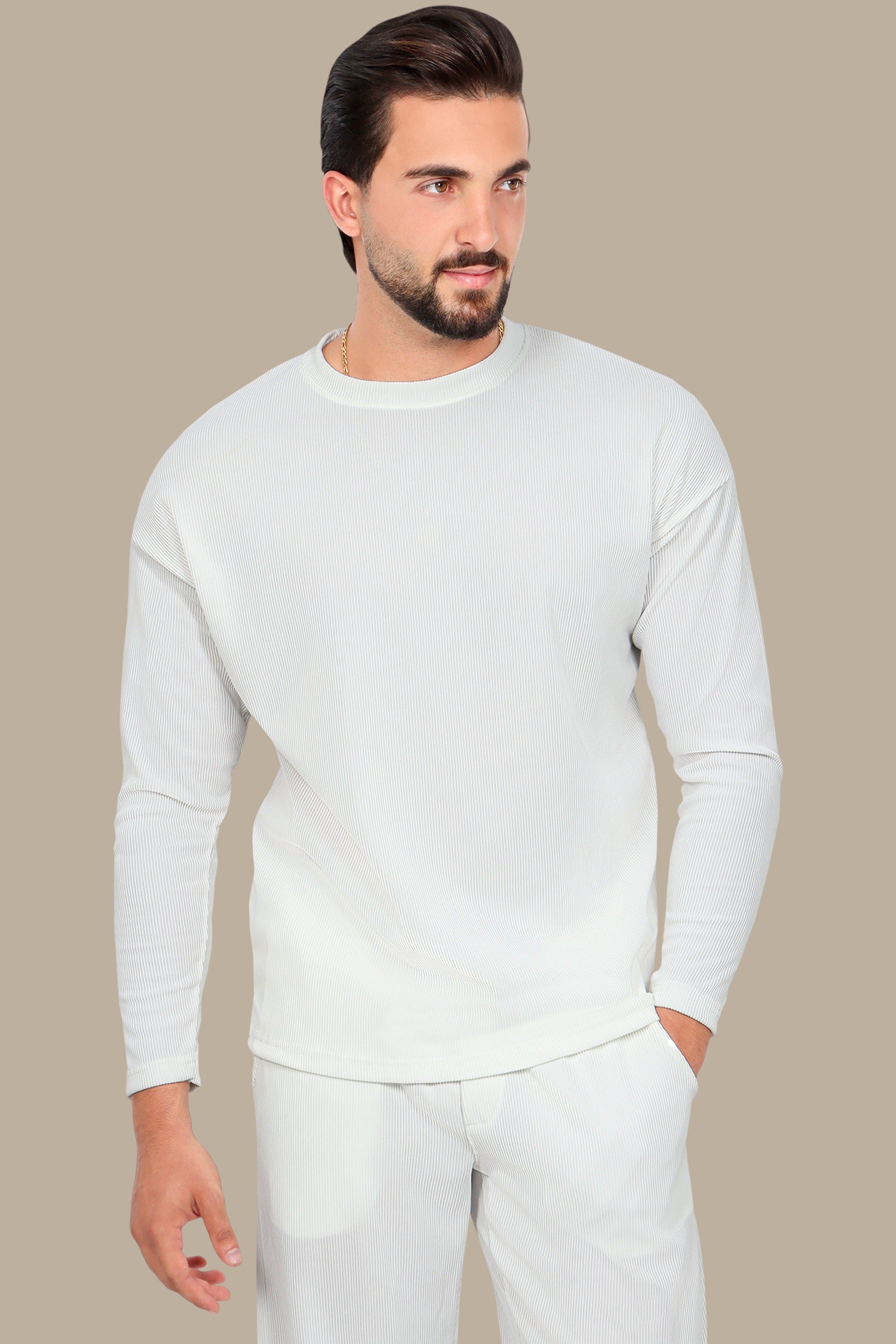 White Ribbed Round Neck Long Sleeve Sweater