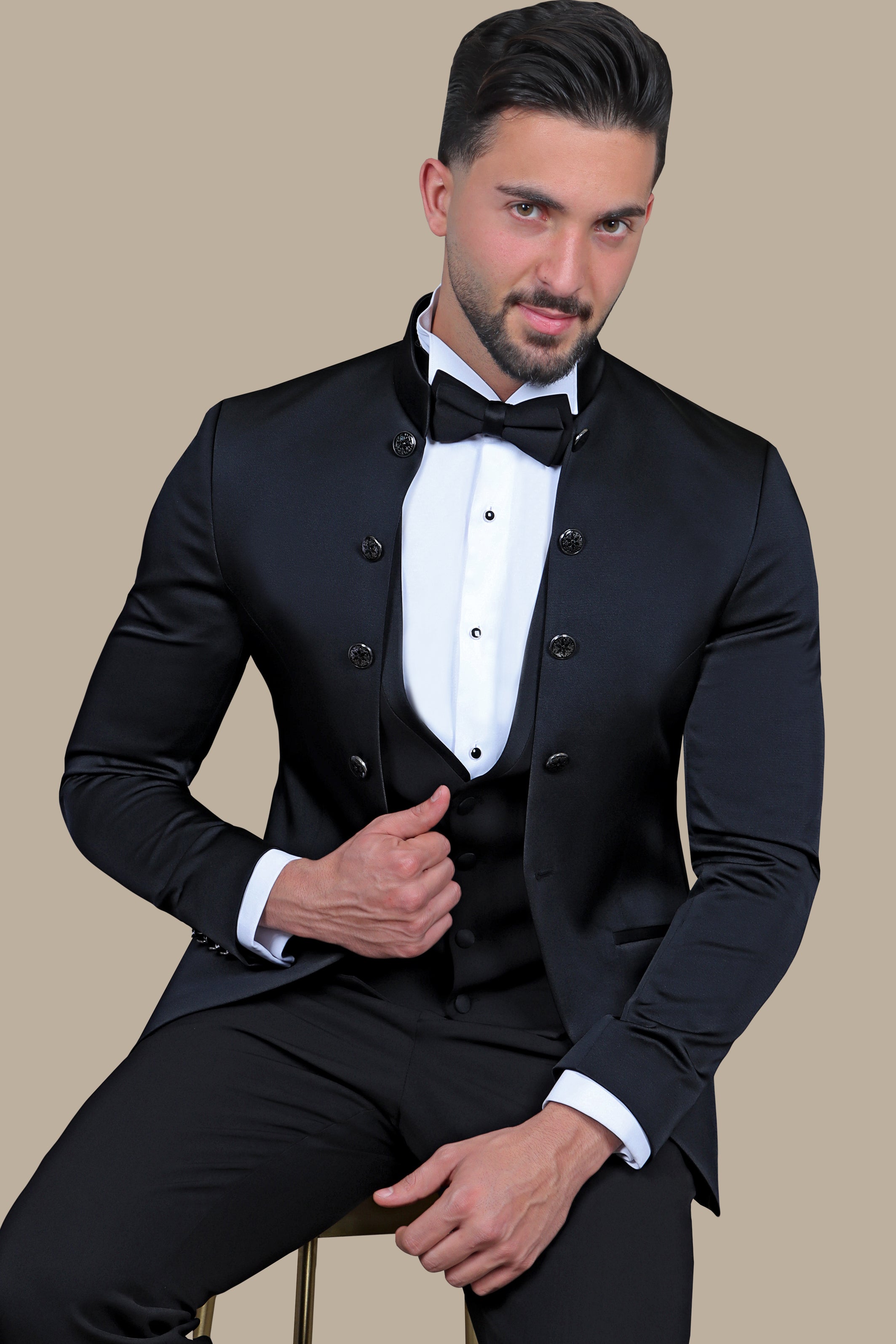 Black Patterned Vest 4-Piece Shawl Collar Tuxedo Ensemble