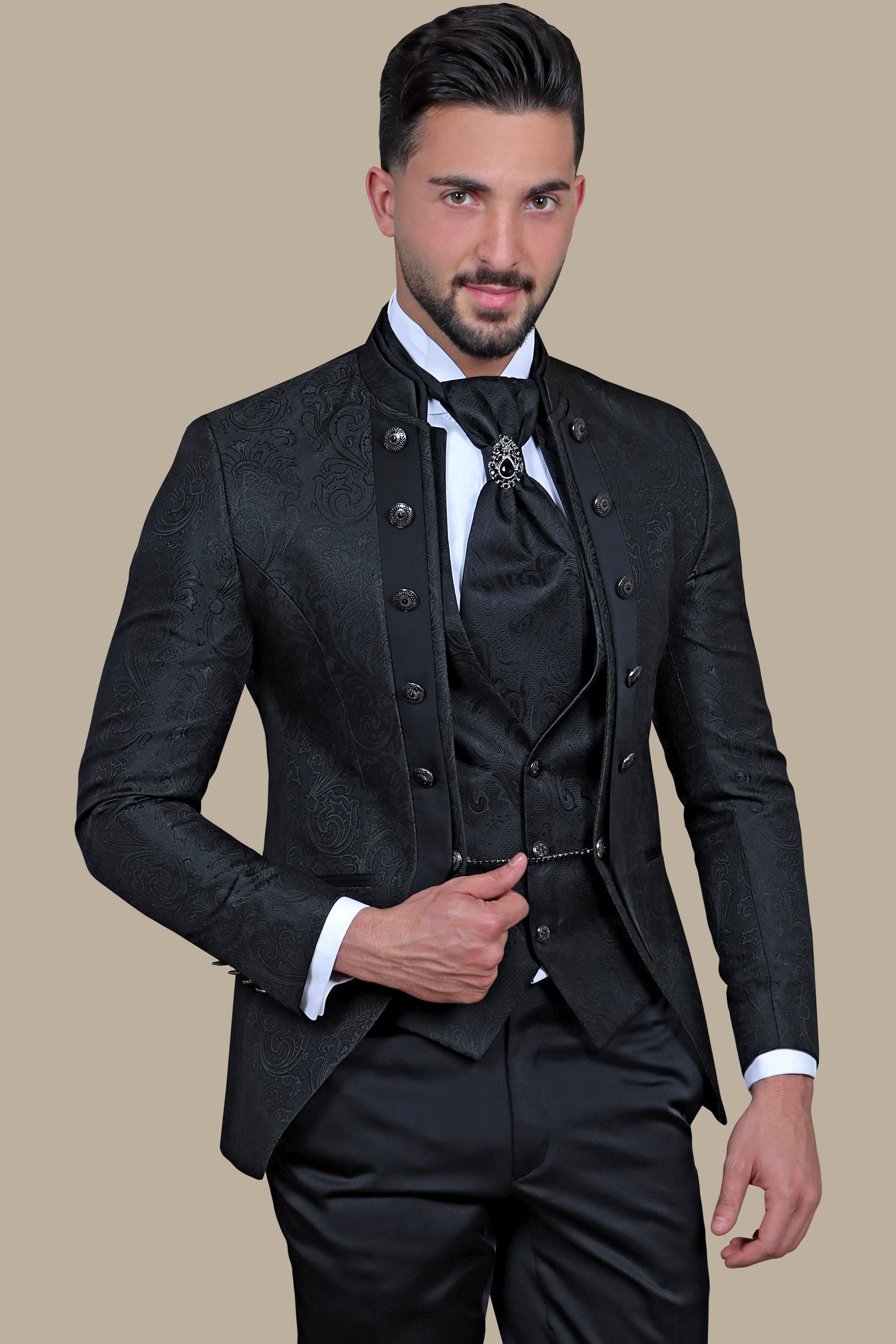 Black Cashmere Patterned 4-Piece Collar Tuxedo Ensemble