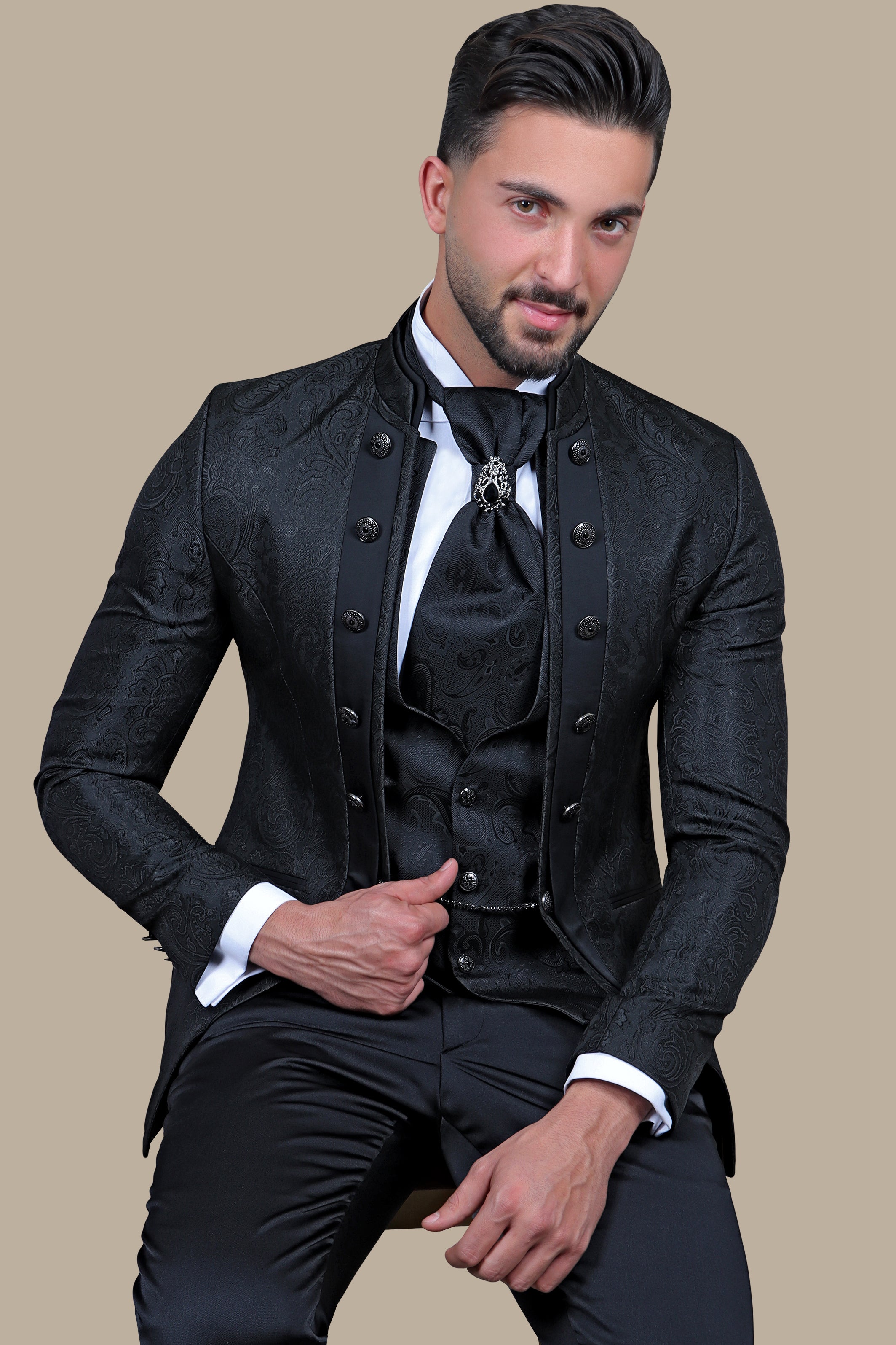 Black Cashmere Patterned 4-Piece Collar Tuxedo Ensemble