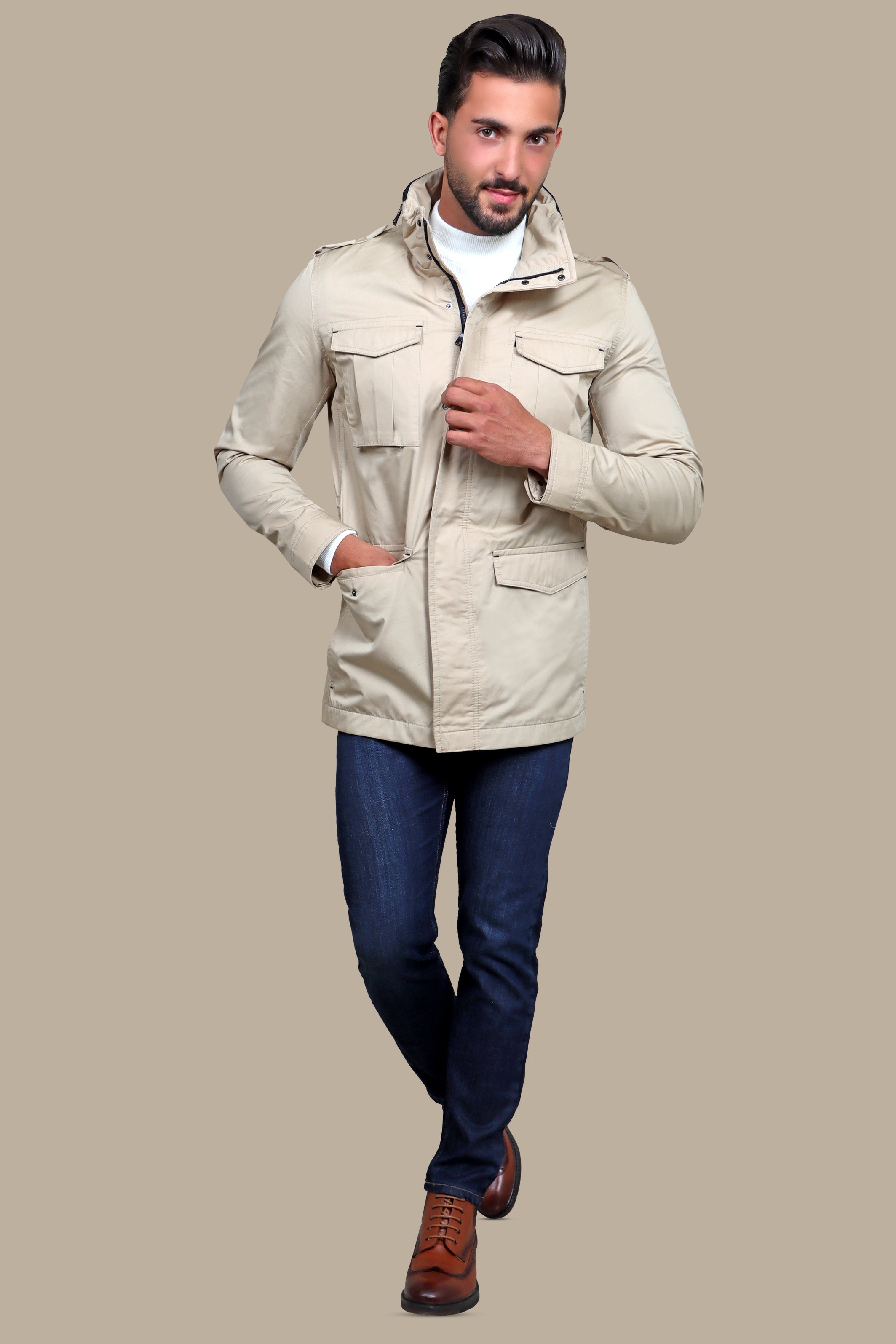 Beige Safari Expedition Jacket: Journey in Style