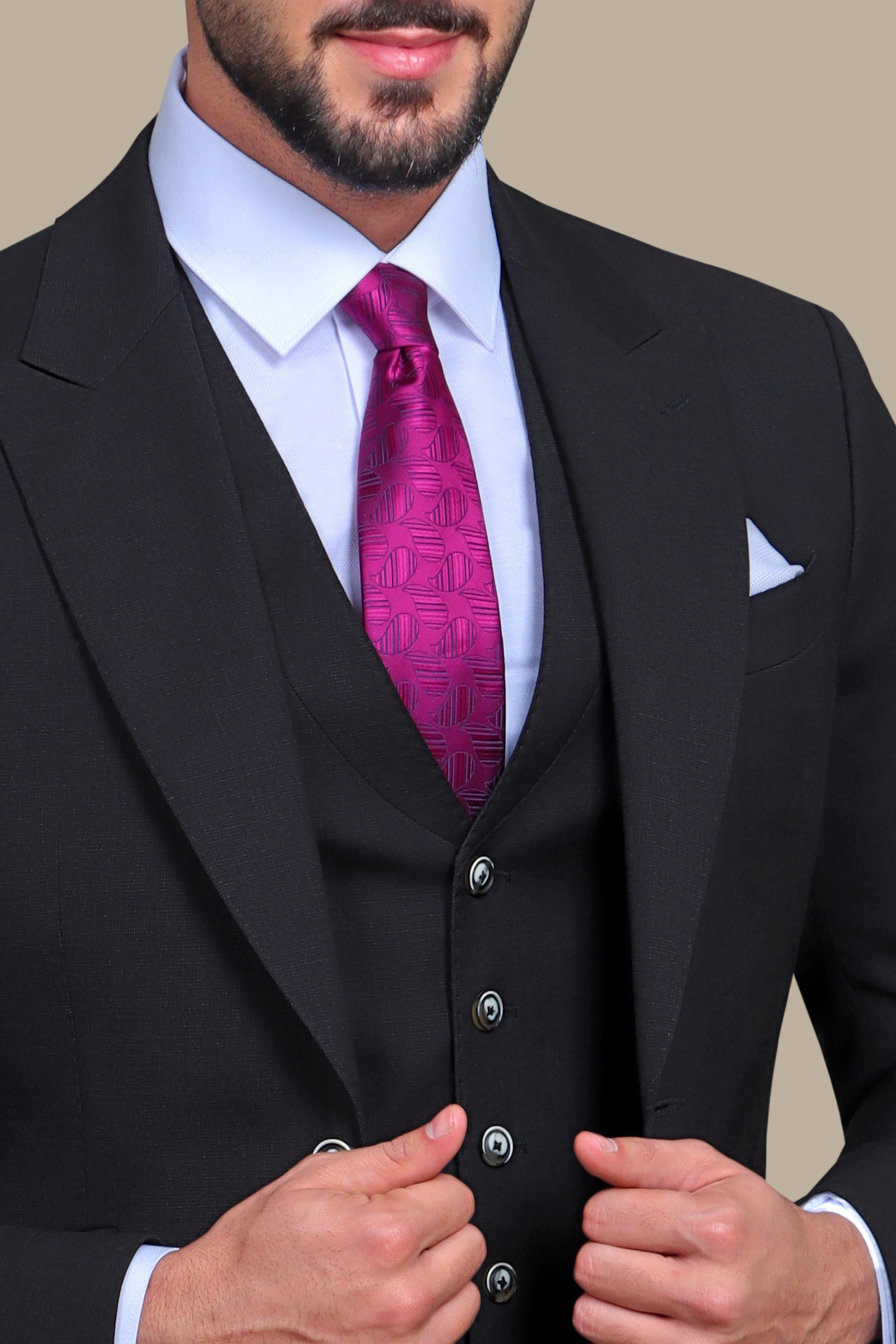 Black Fila Fil Lycra 3-Piece Suit with Peak Lapel