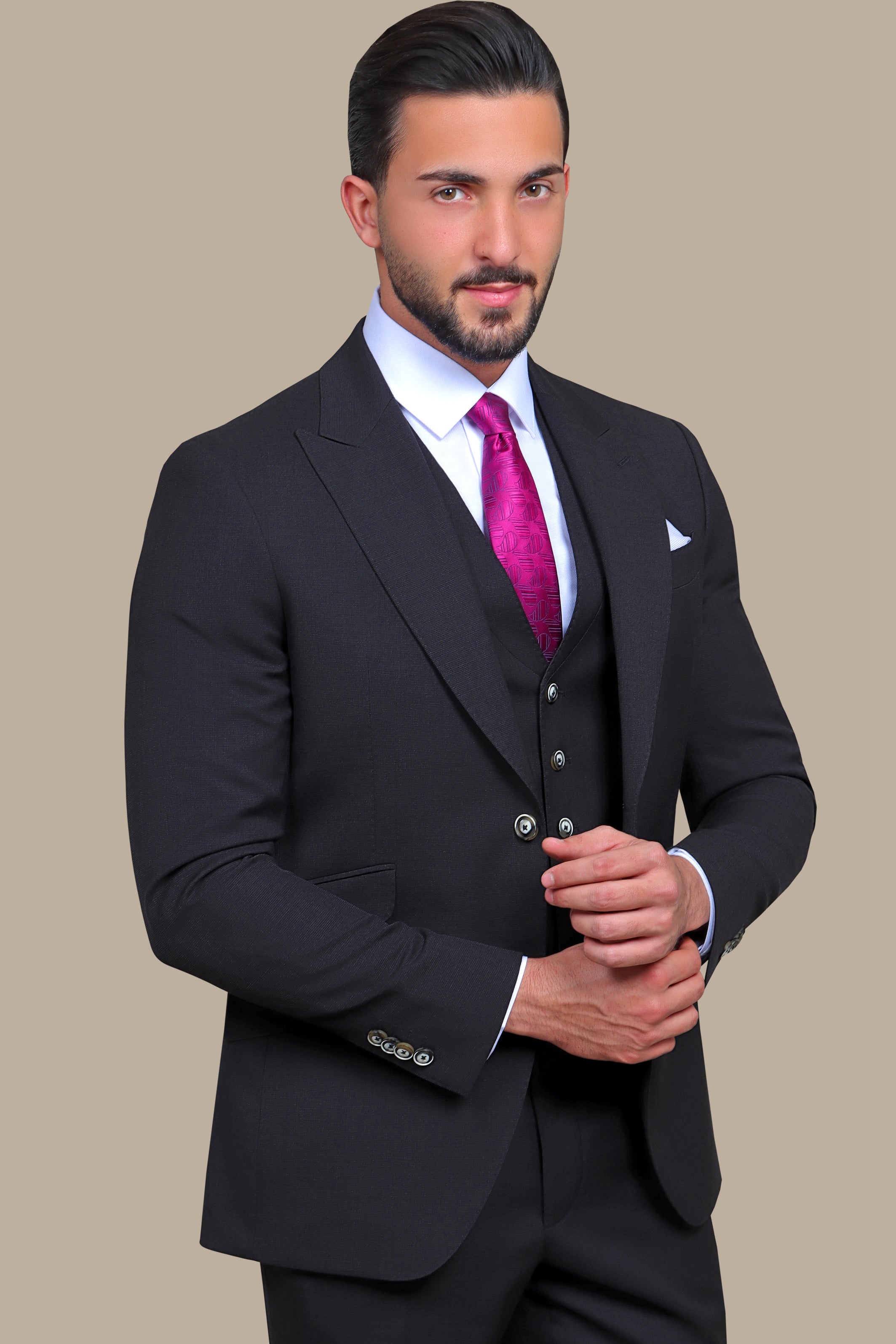 Black Fila Fil Lycra 3-Piece Suit with Peak Lapel