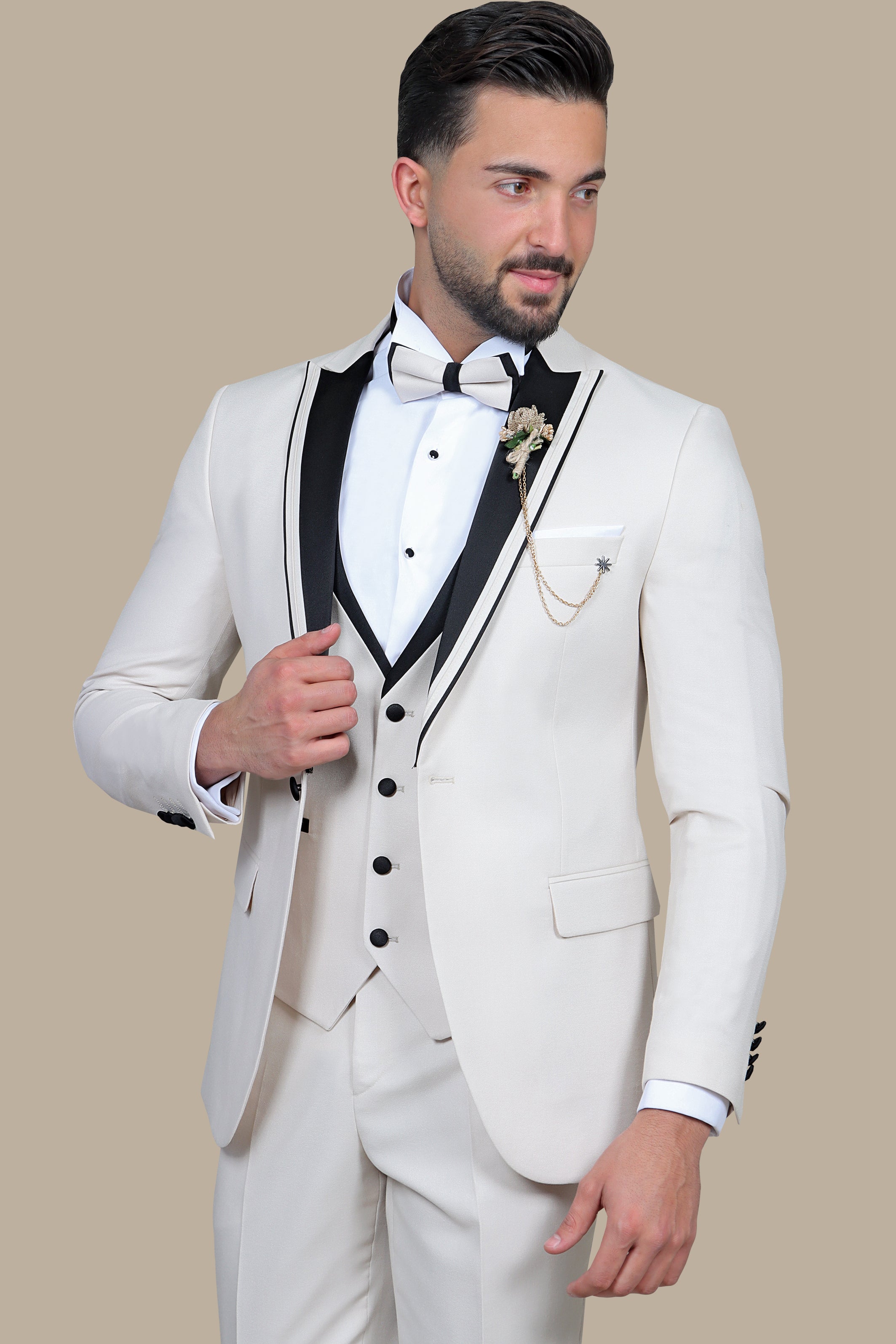 Peak Elegance: The Beige Brimé 3-Piece Tuxedo