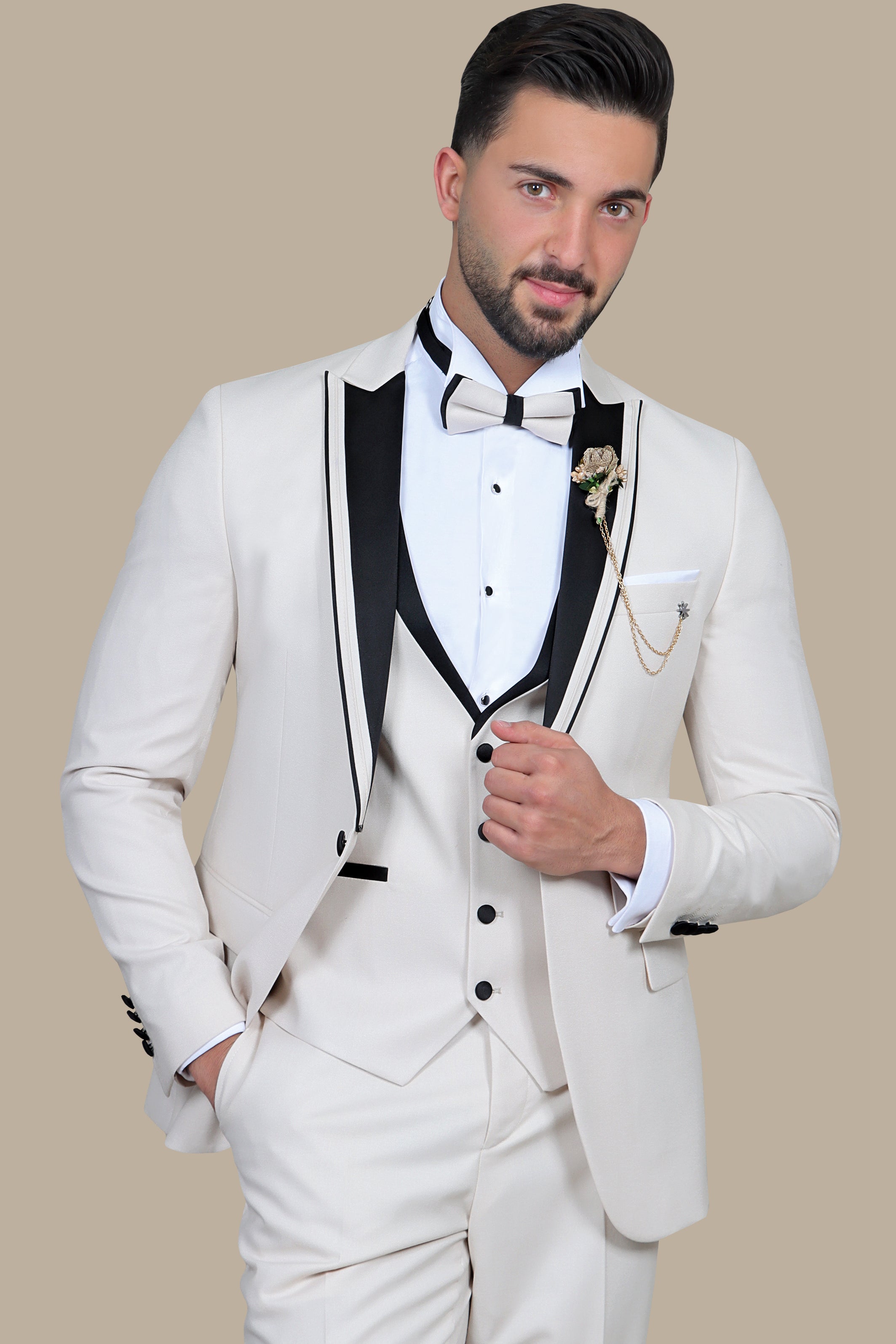 Peak Elegance: The Beige Brimé 3-Piece Tuxedo