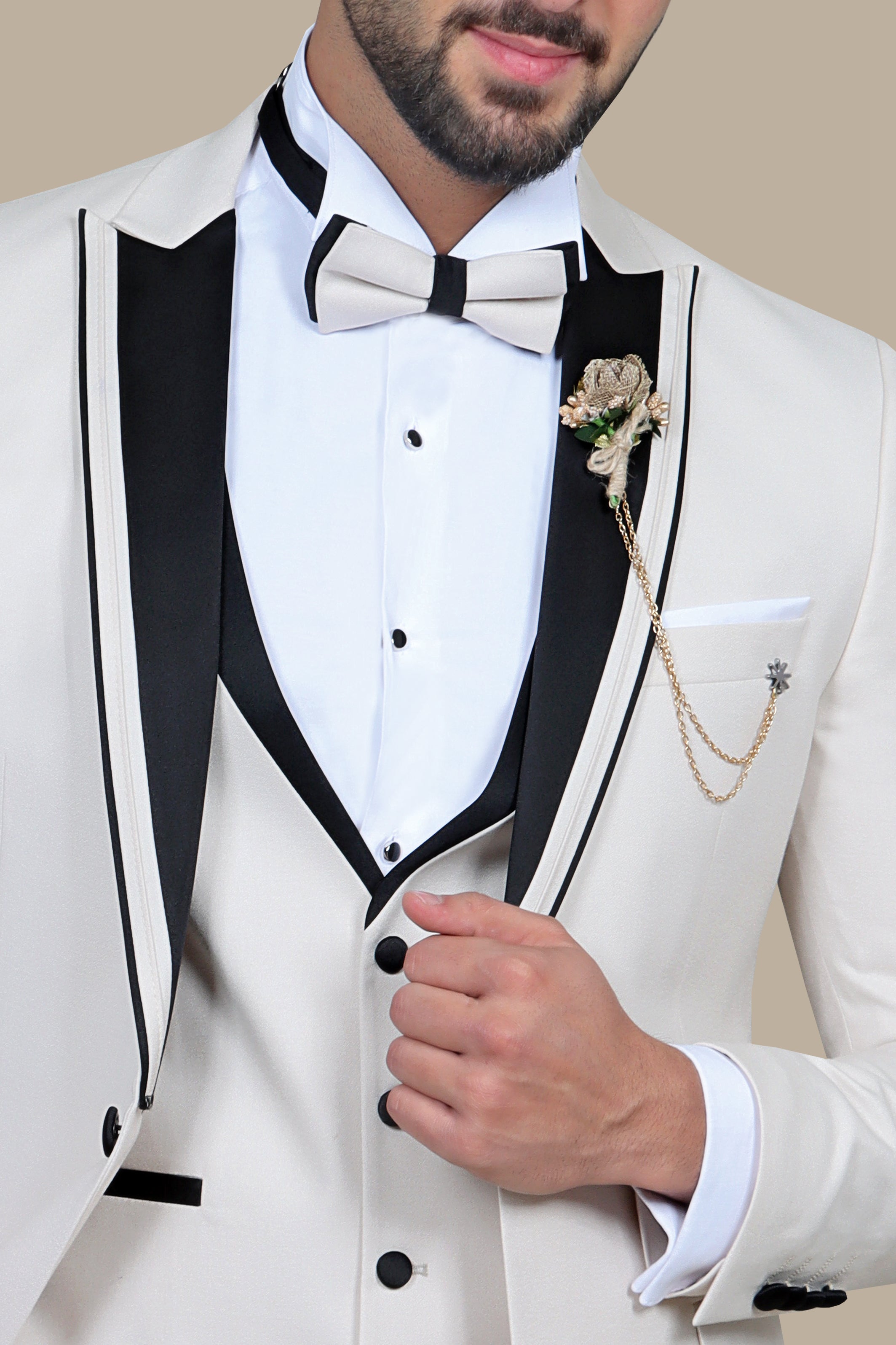 Peak Elegance: The Beige Brimé 3-Piece Tuxedo