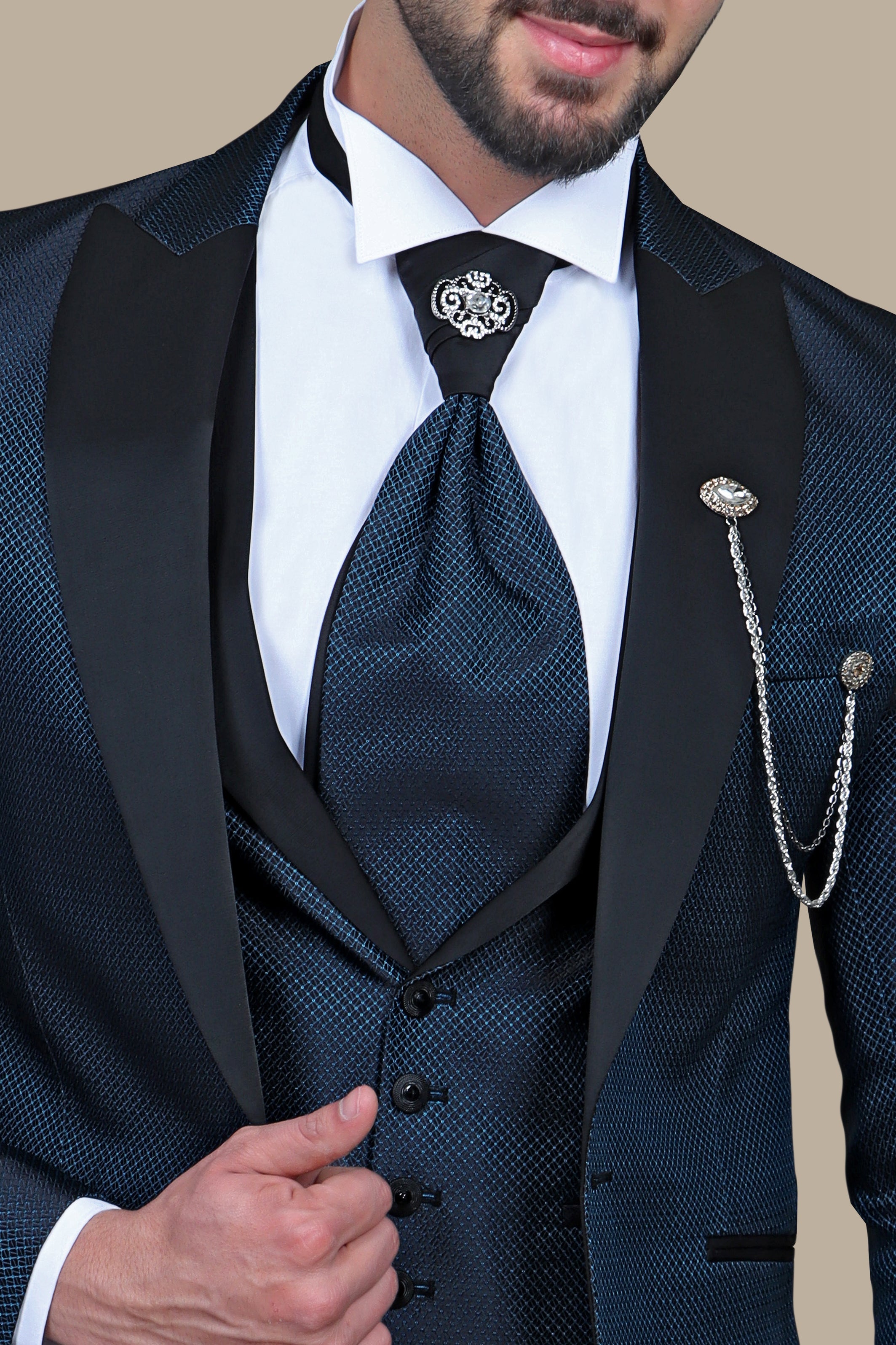 Signature Sophistication: The Blue Snack Pattern 4-Piece Peak Tuxedo