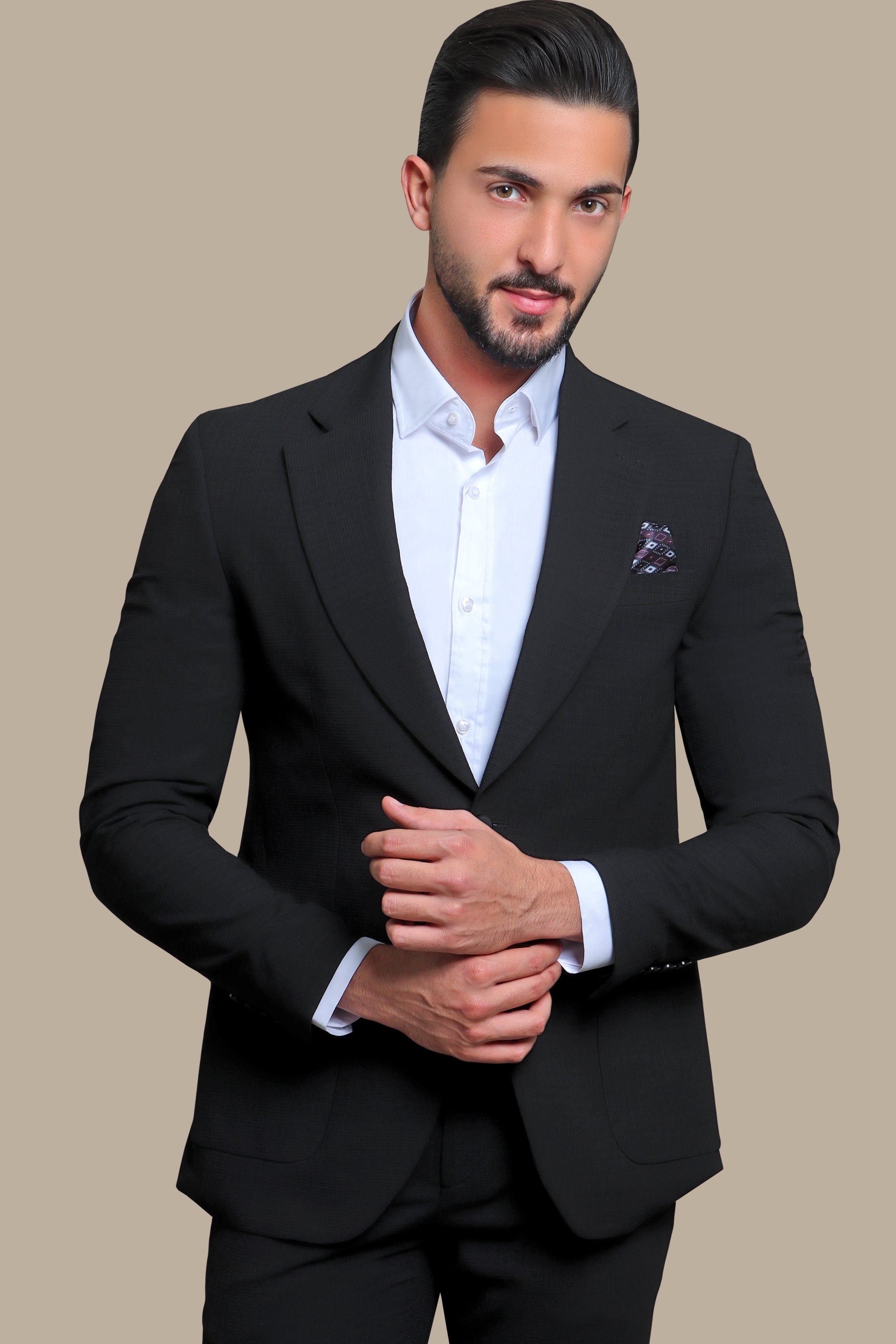 Sleek and Stylish: Black Travel Suit with Patch Pockets