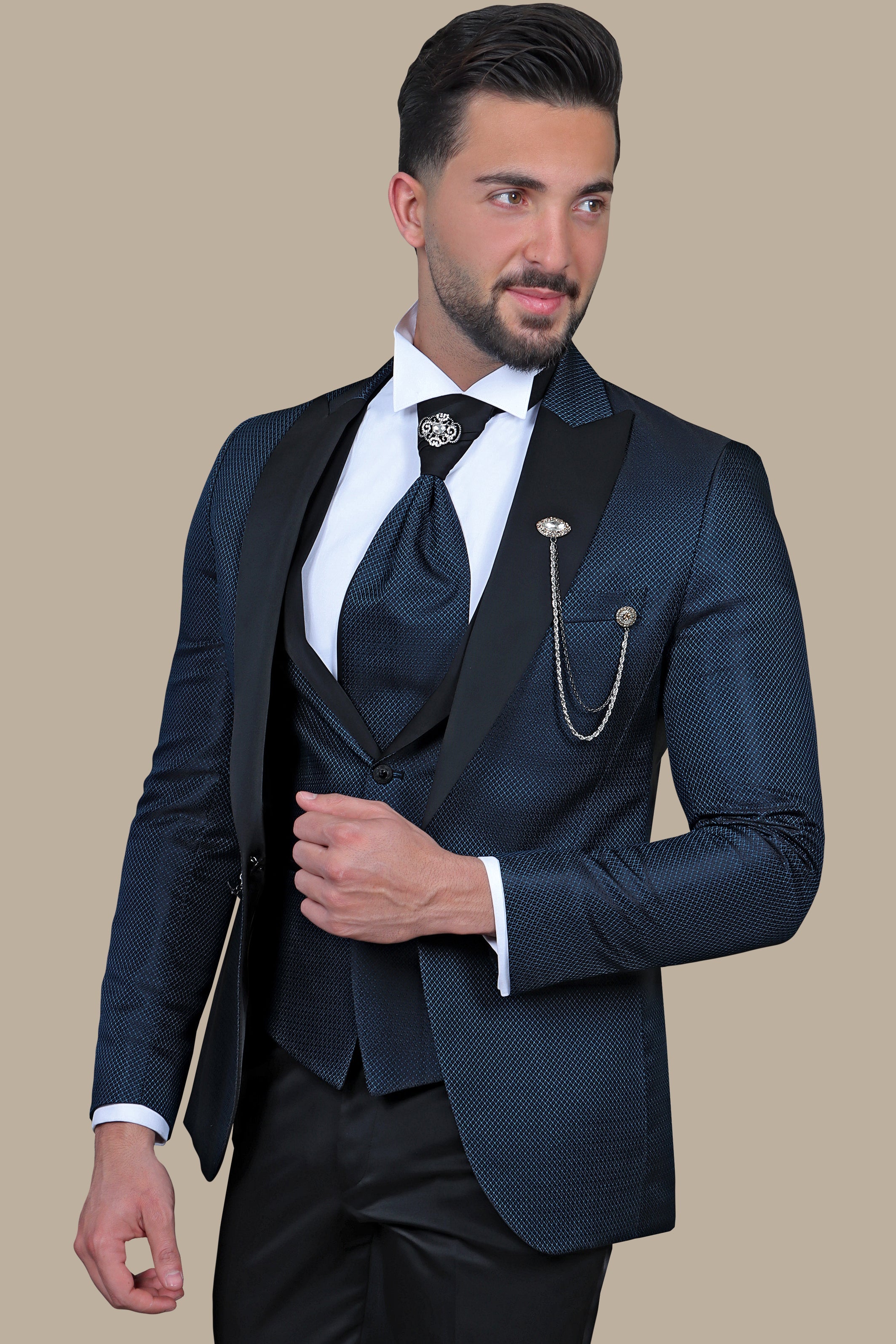 Signature Sophistication: The Blue Snack Pattern 4-Piece Peak Tuxedo