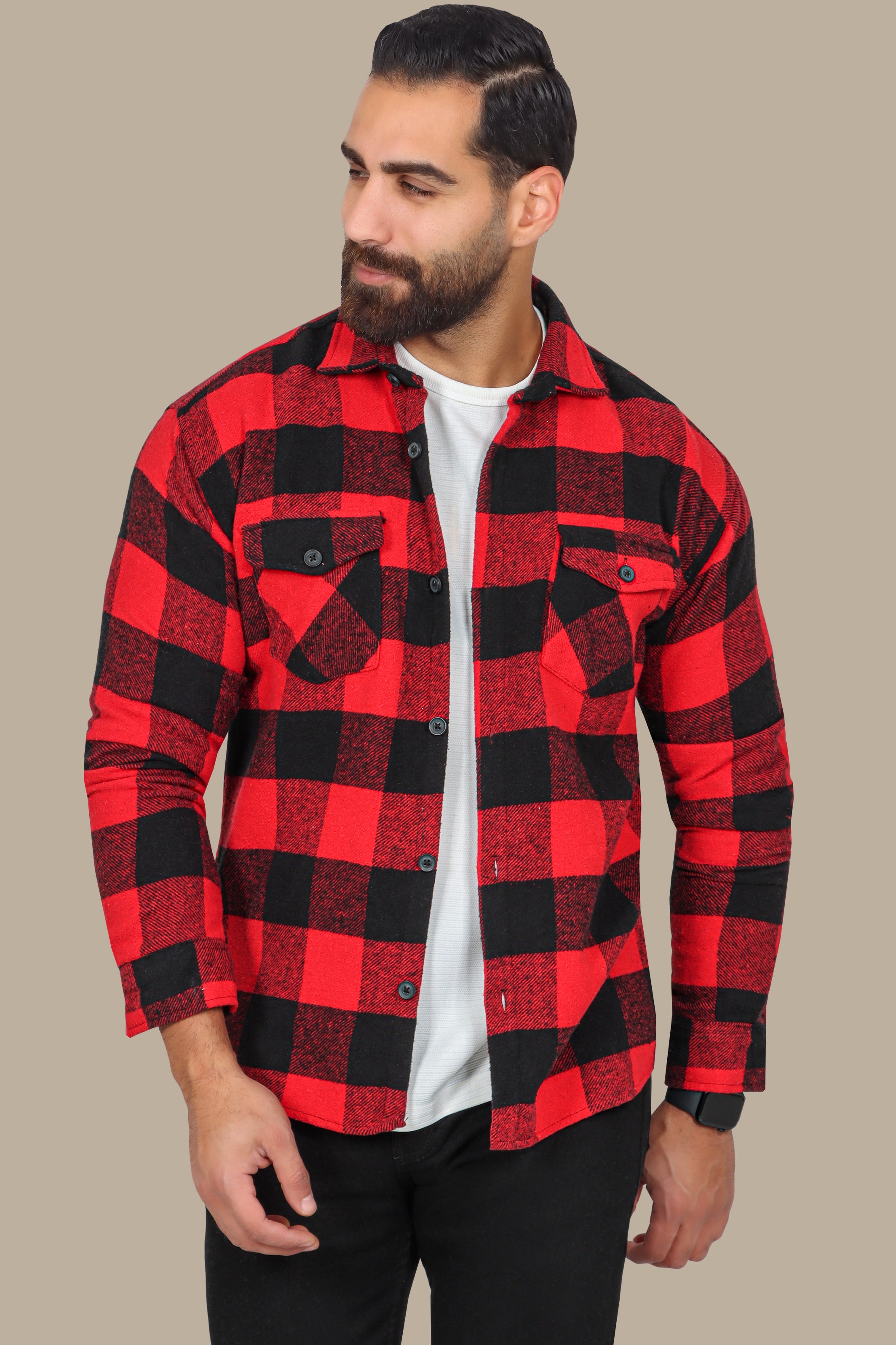 Checked Red Overshirt with Flap Pockets