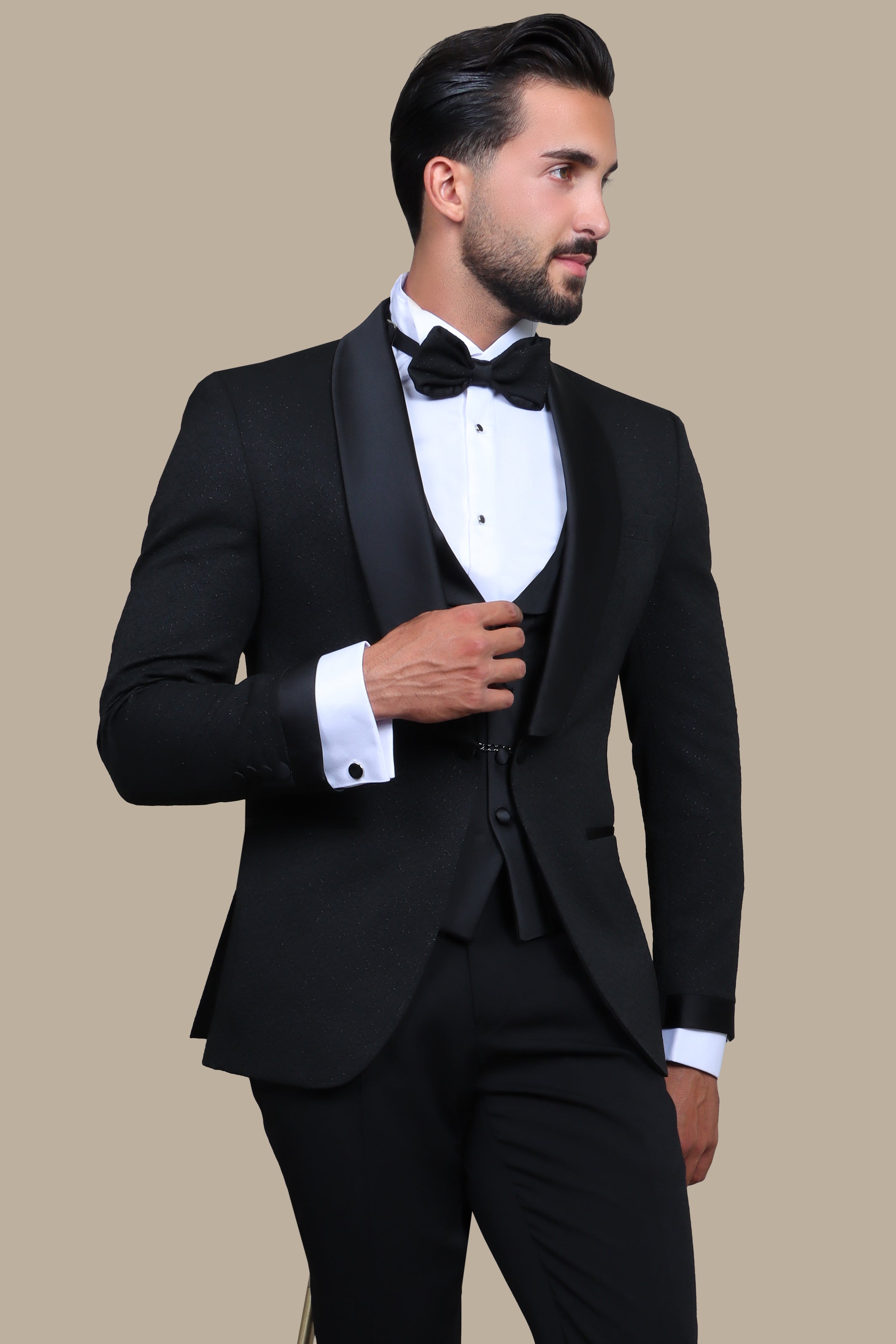 Elegant Ensemble: Black Jacquard Shawl Collar 4-Piece Tuxedo Set