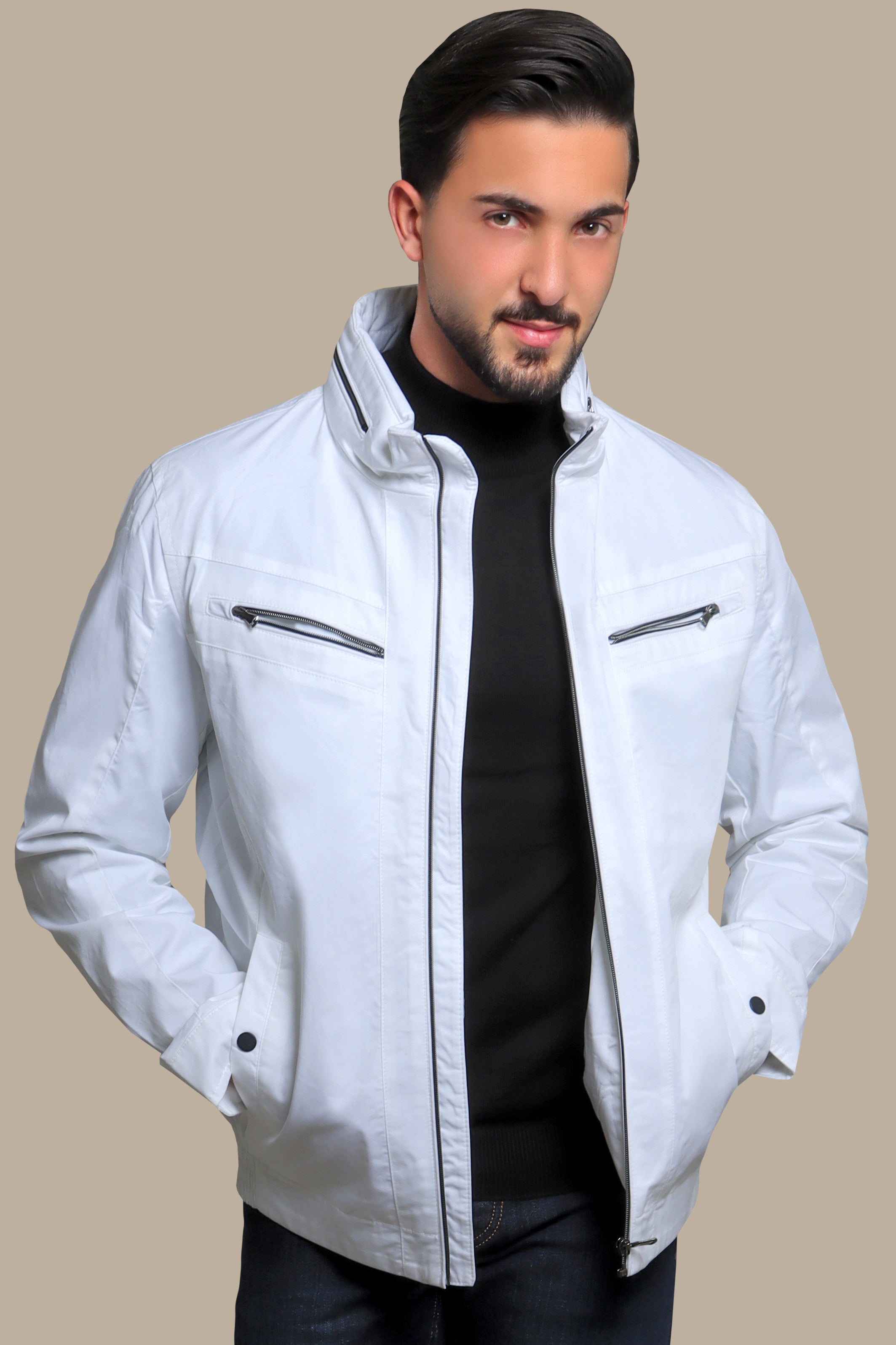 Dual-Zipper White Comfort Jacket: Versatile Style Meets Ultimate Comfort