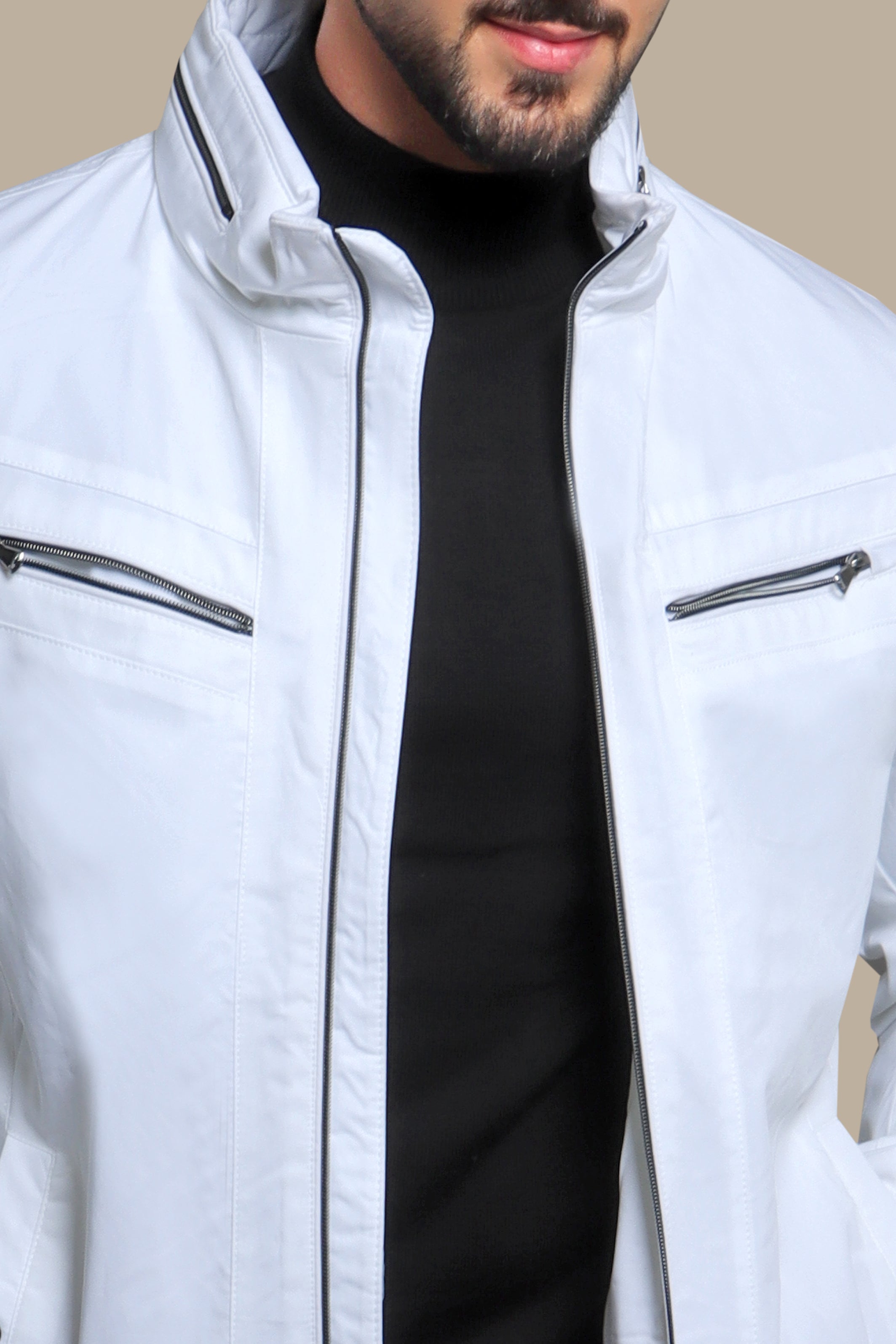 Dual-Zipper White Comfort Jacket: Versatile Style Meets Ultimate Comfort