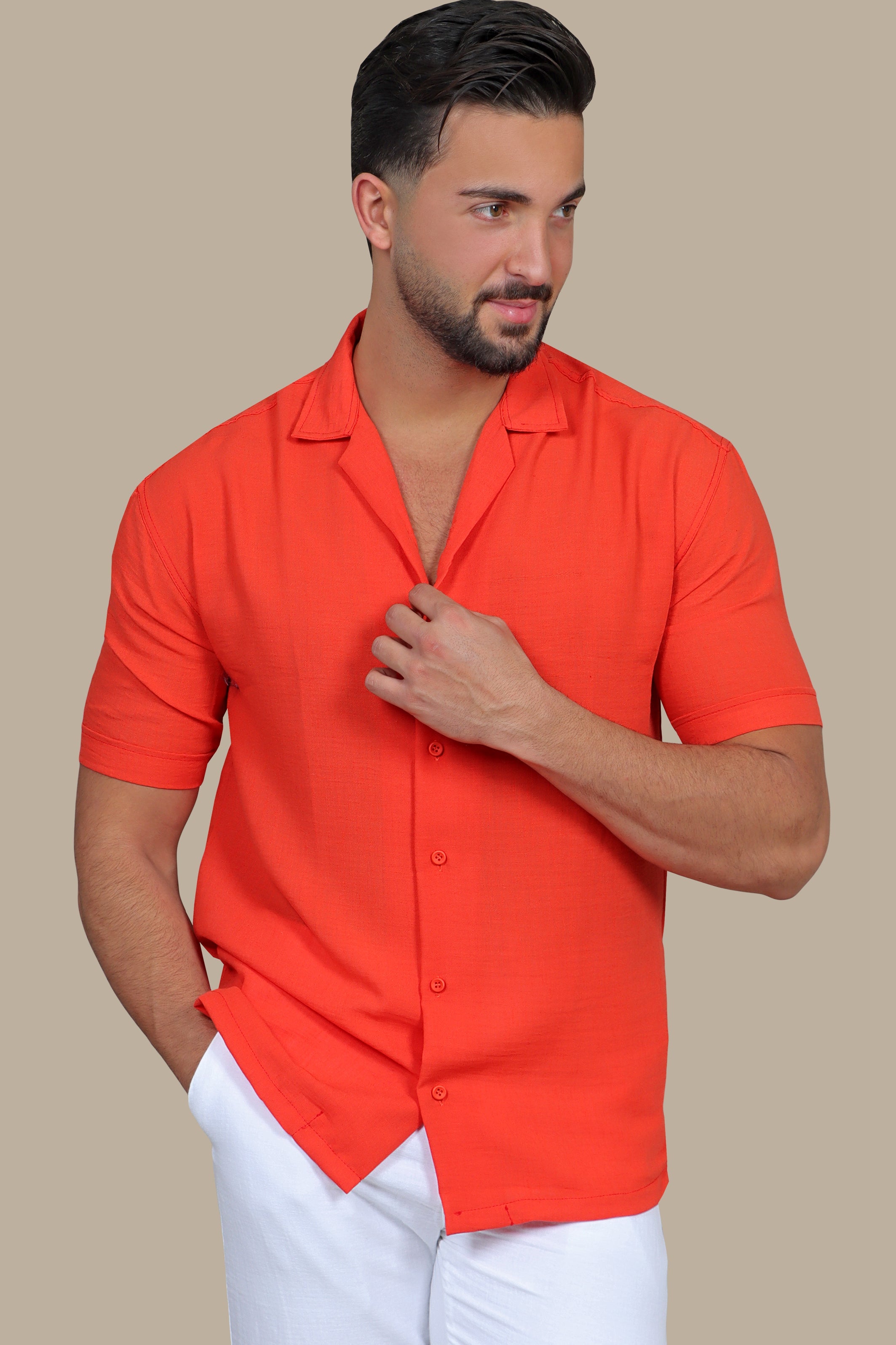 Coral Breeze: Linen Elegance in Short Sleeve Shirt