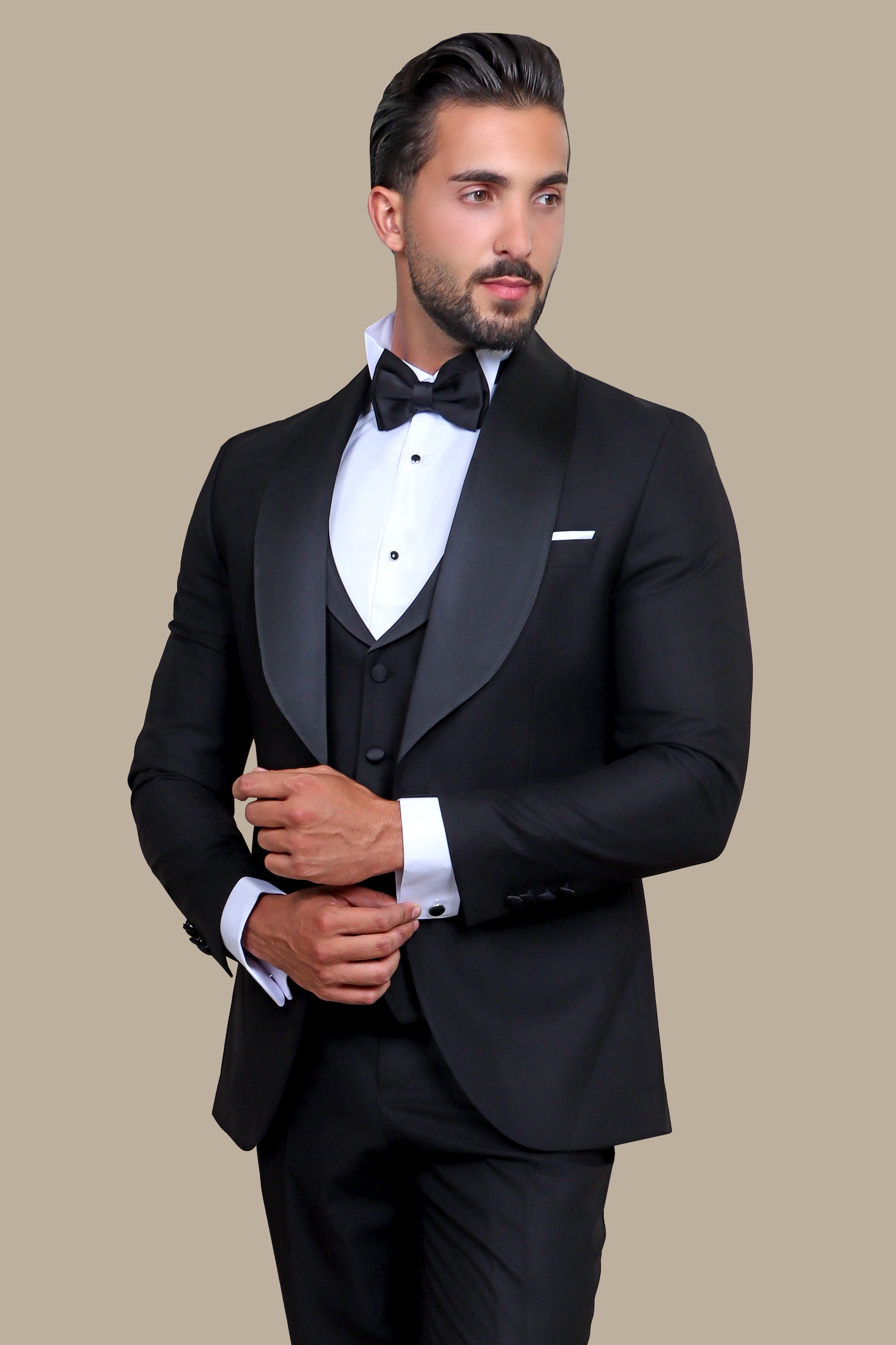 Timeless Glamour: Black 4-Piece Tuxedo Set with Wide Shawl Collar