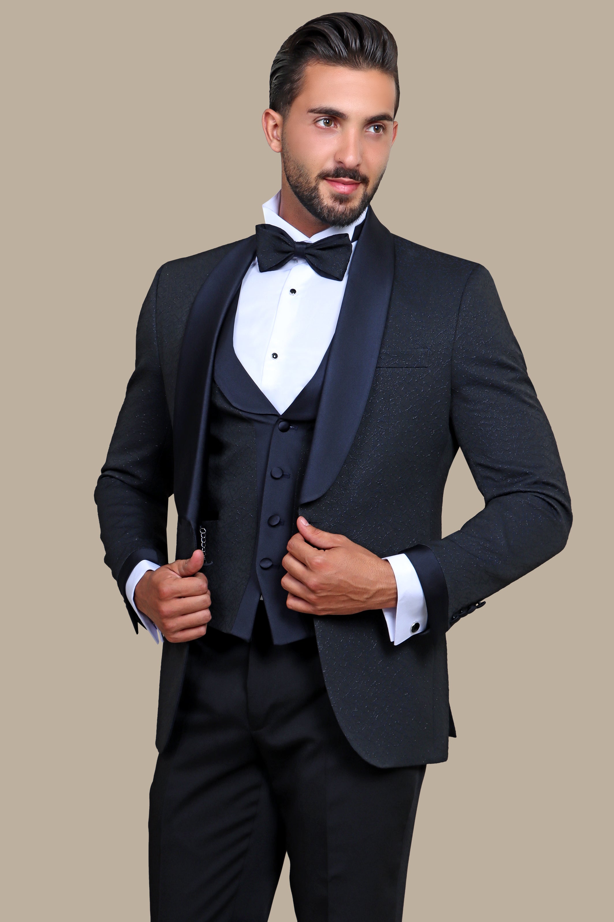 Opulent Charm: Navy Jacquard 4-Piece Tuxedo Set with Shawl Collar