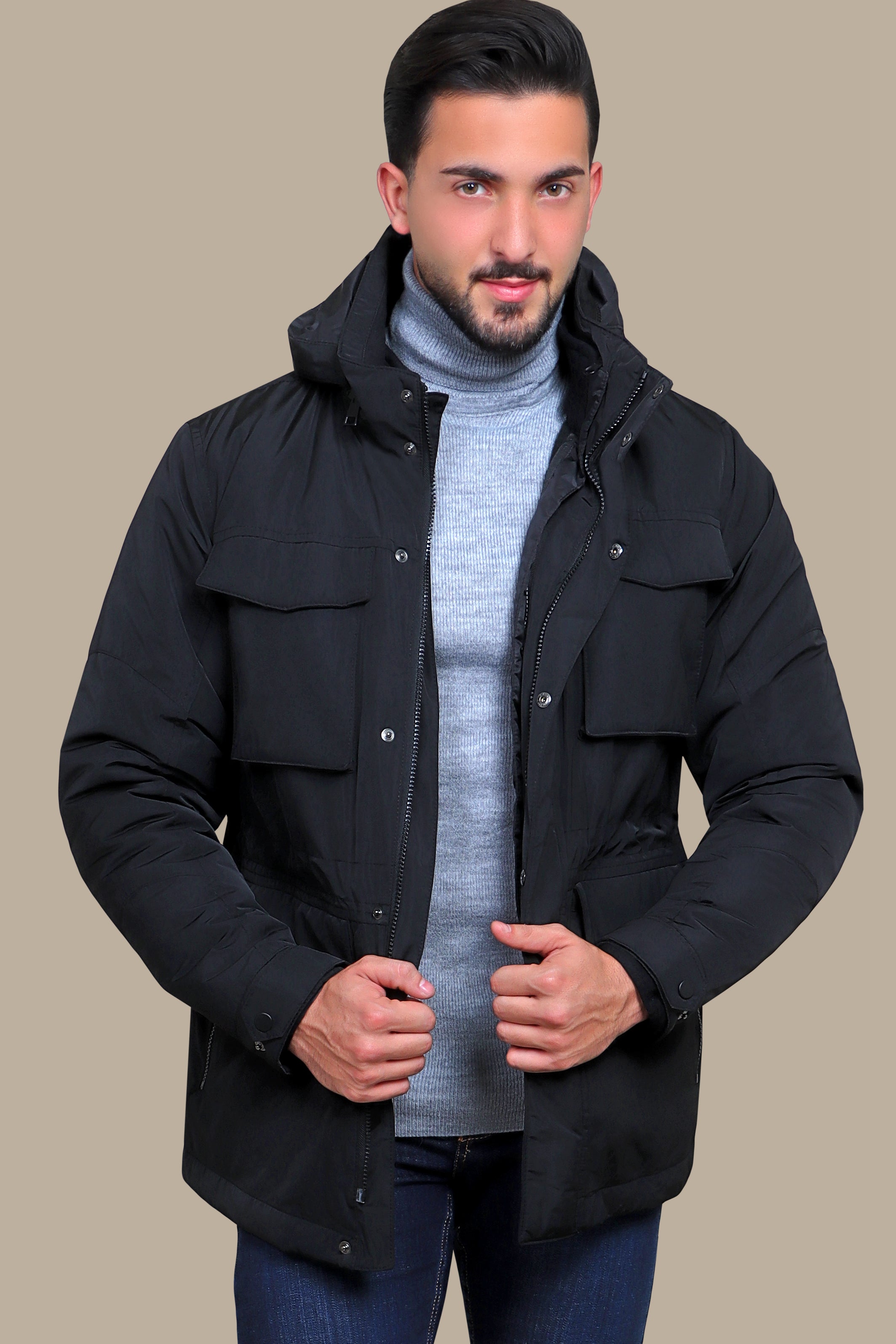 Adaptable Allure: Black Detachable Windbreaker Jacket