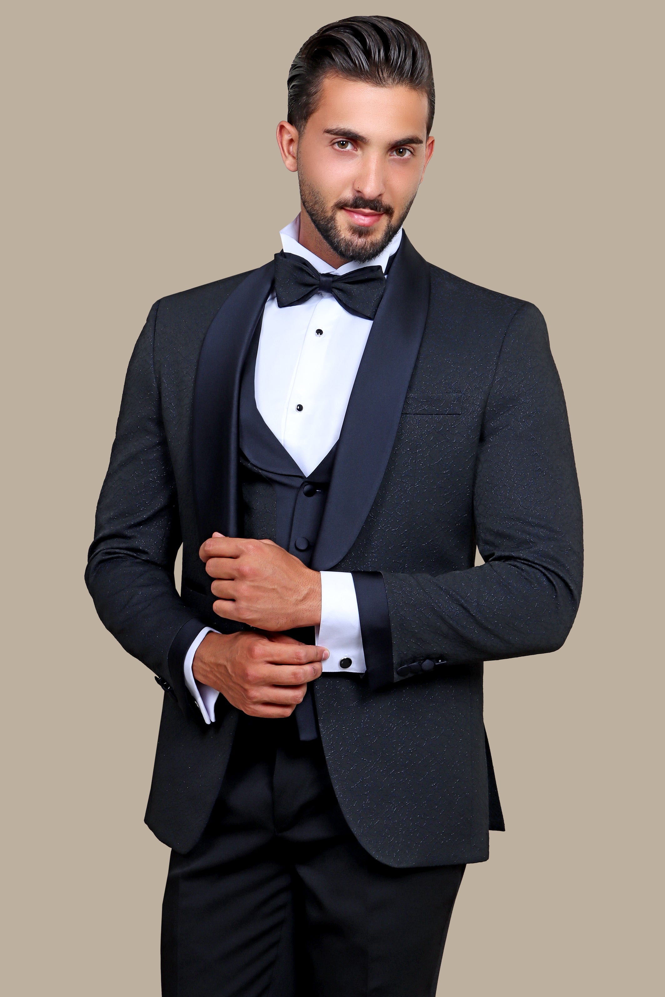 Opulent Charm: Navy Jacquard 4-Piece Tuxedo Set with Shawl Collar