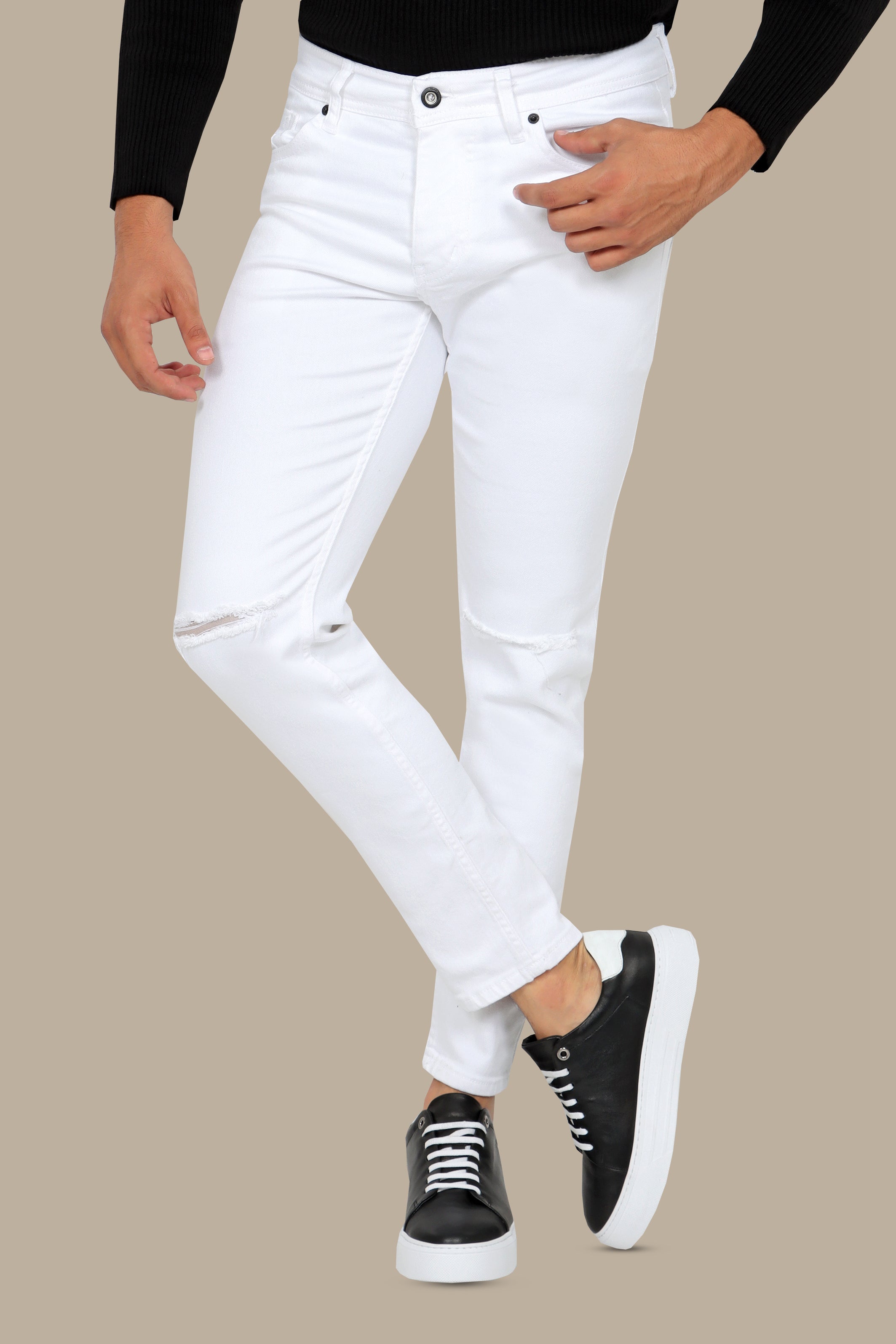 White Slim Fit Jeans with Knee Rips