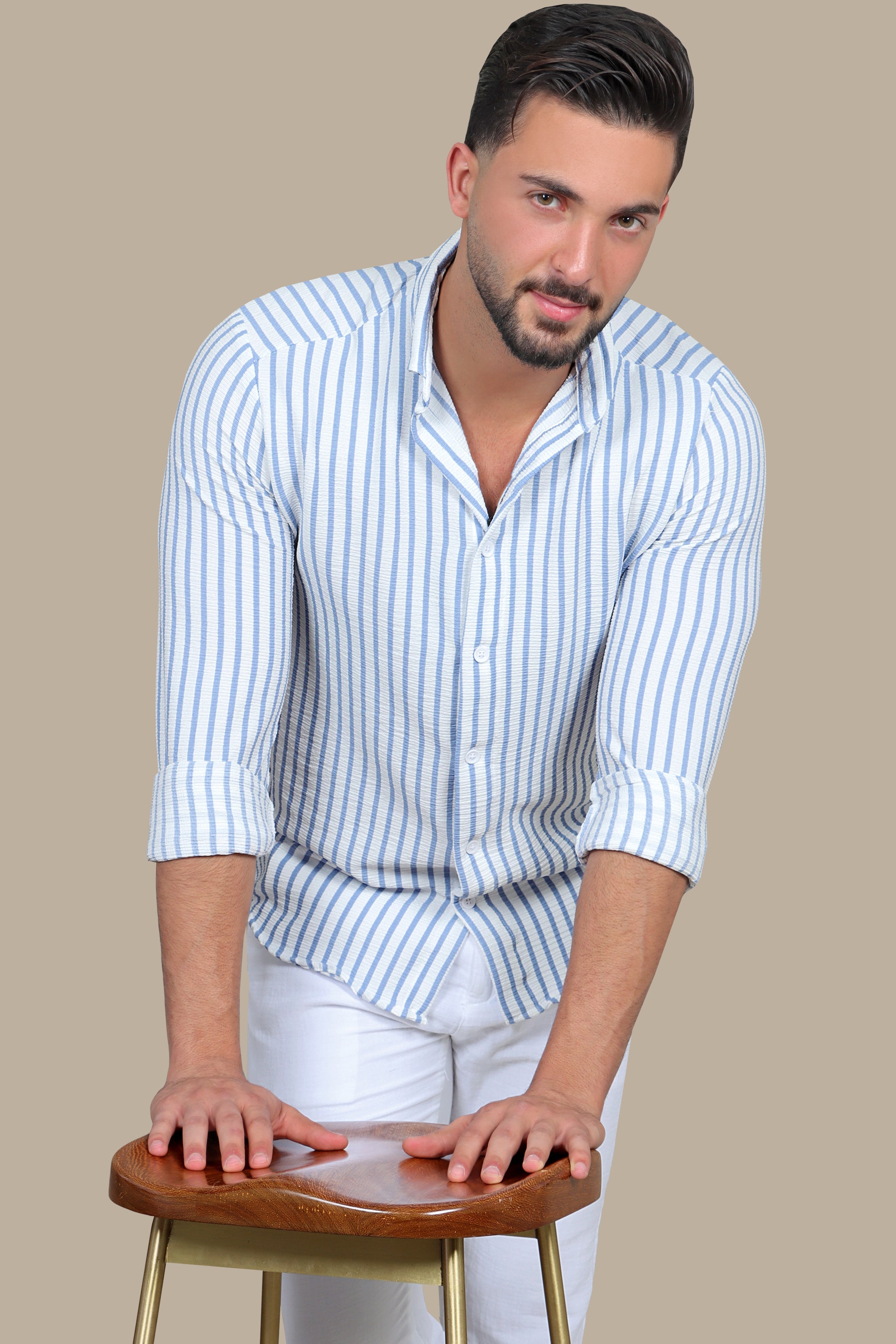 Coastal Breeze: Long Sleeve Linen Shirt with Blue Stripes