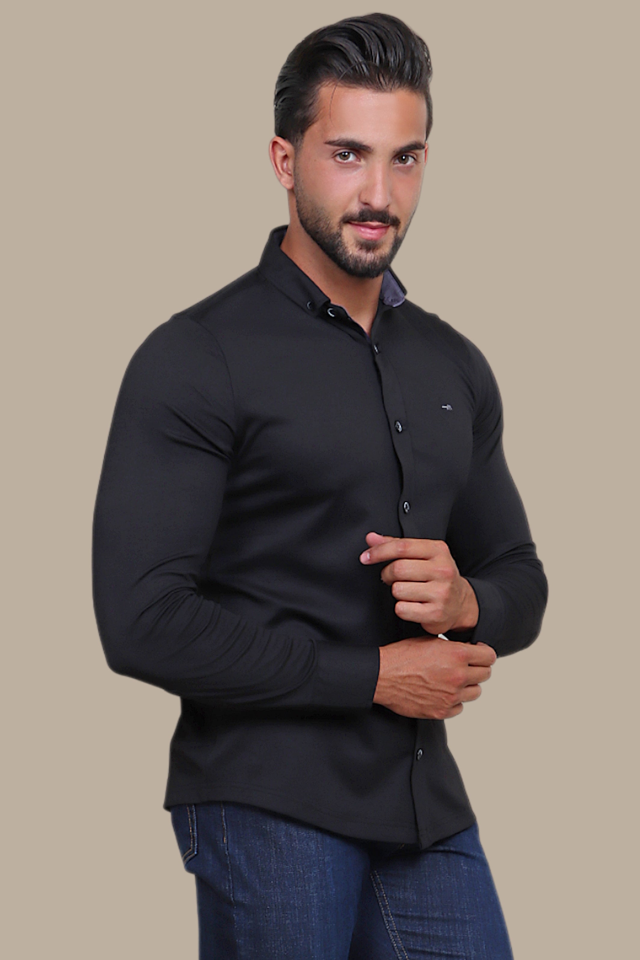 Sleek Comfort: Black Lycra Shirt with Small Collar