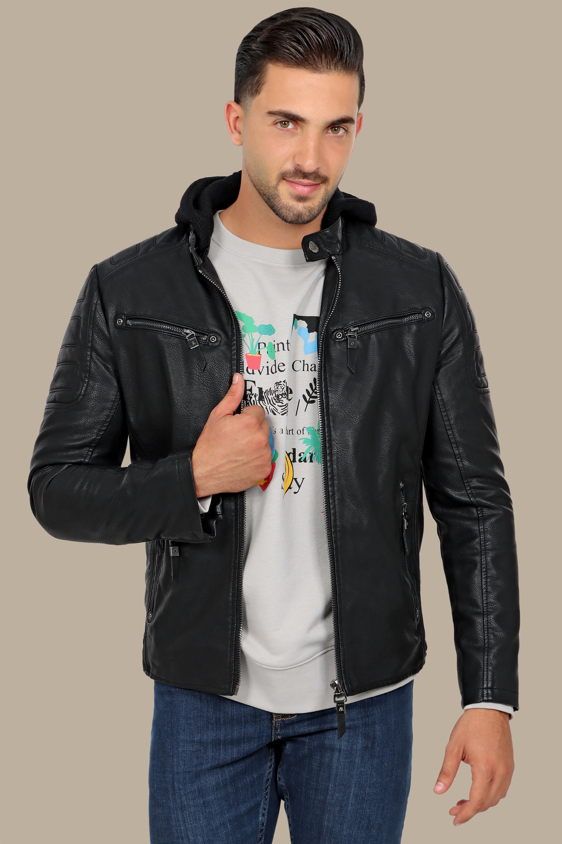 Black Faux Leather Rider Jacket with Detachable Hoodie