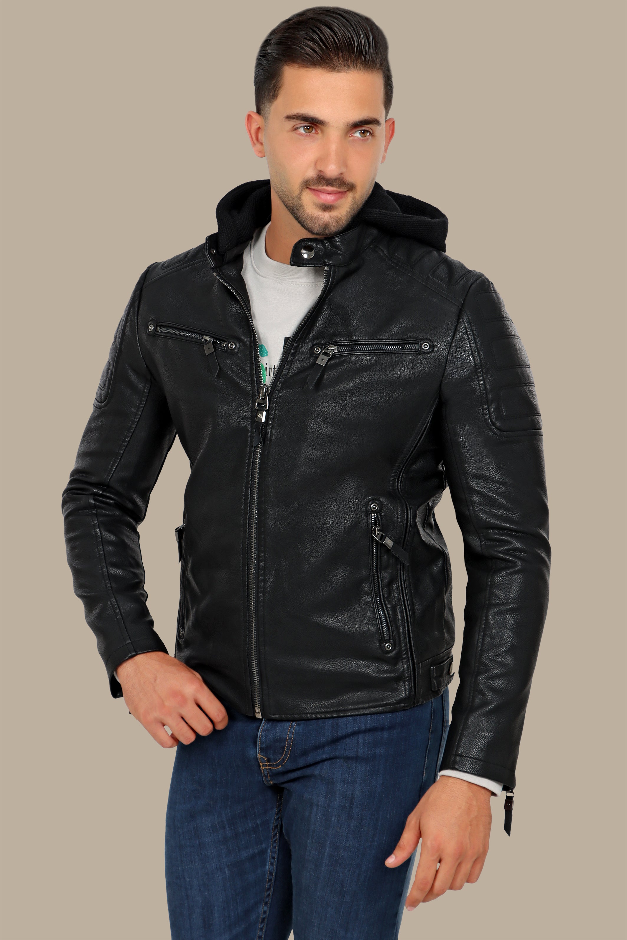 Black Faux Leather Rider Jacket with Detachable Hoodie