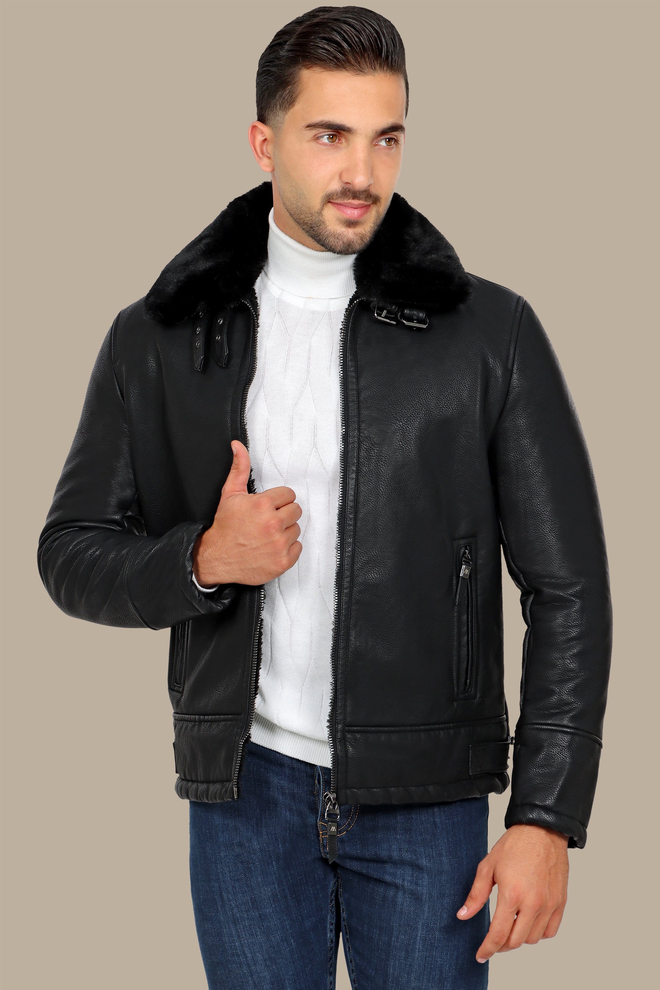 Black Leather Jacket with Fur Collar