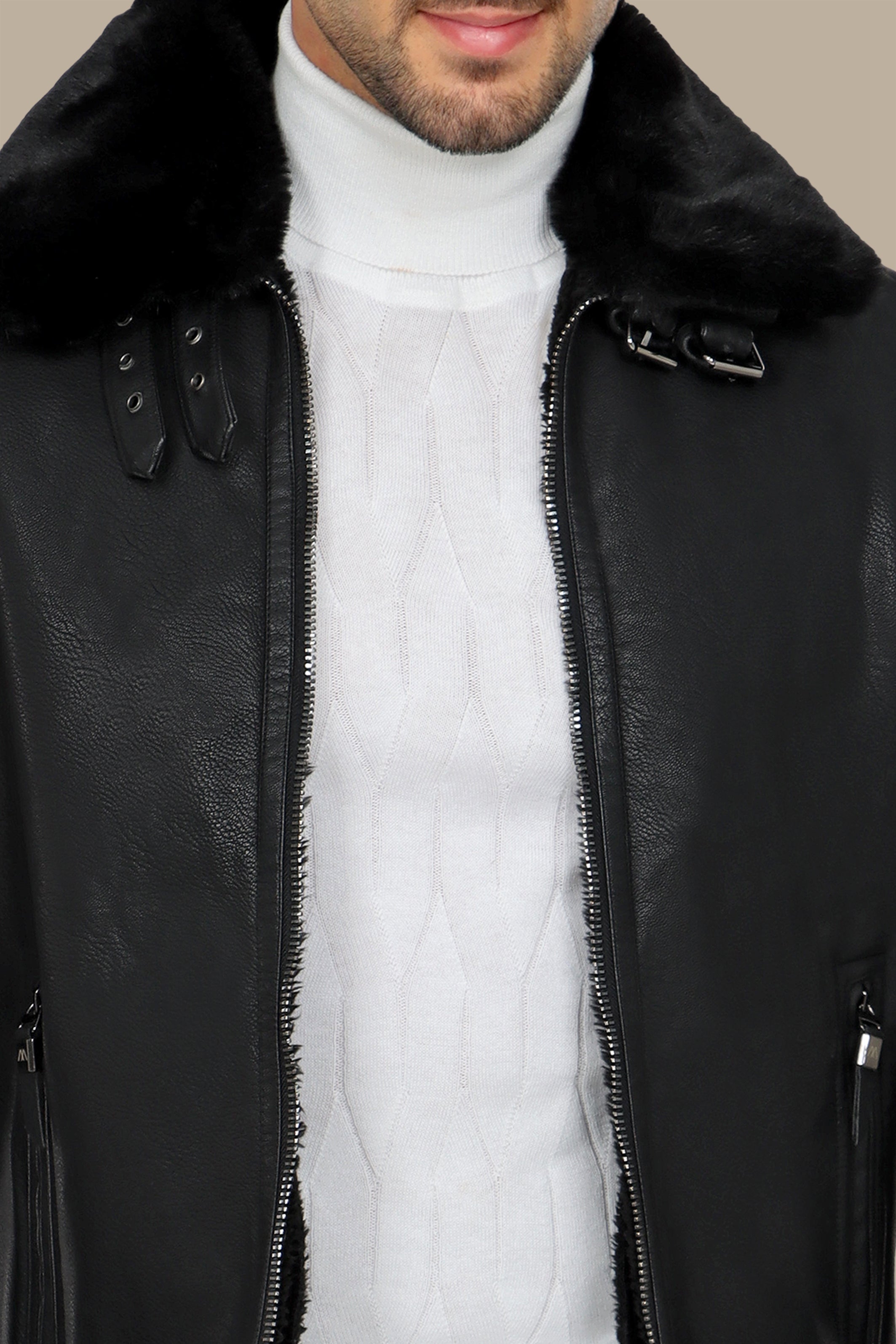 Black Leather Jacket with Fur Collar