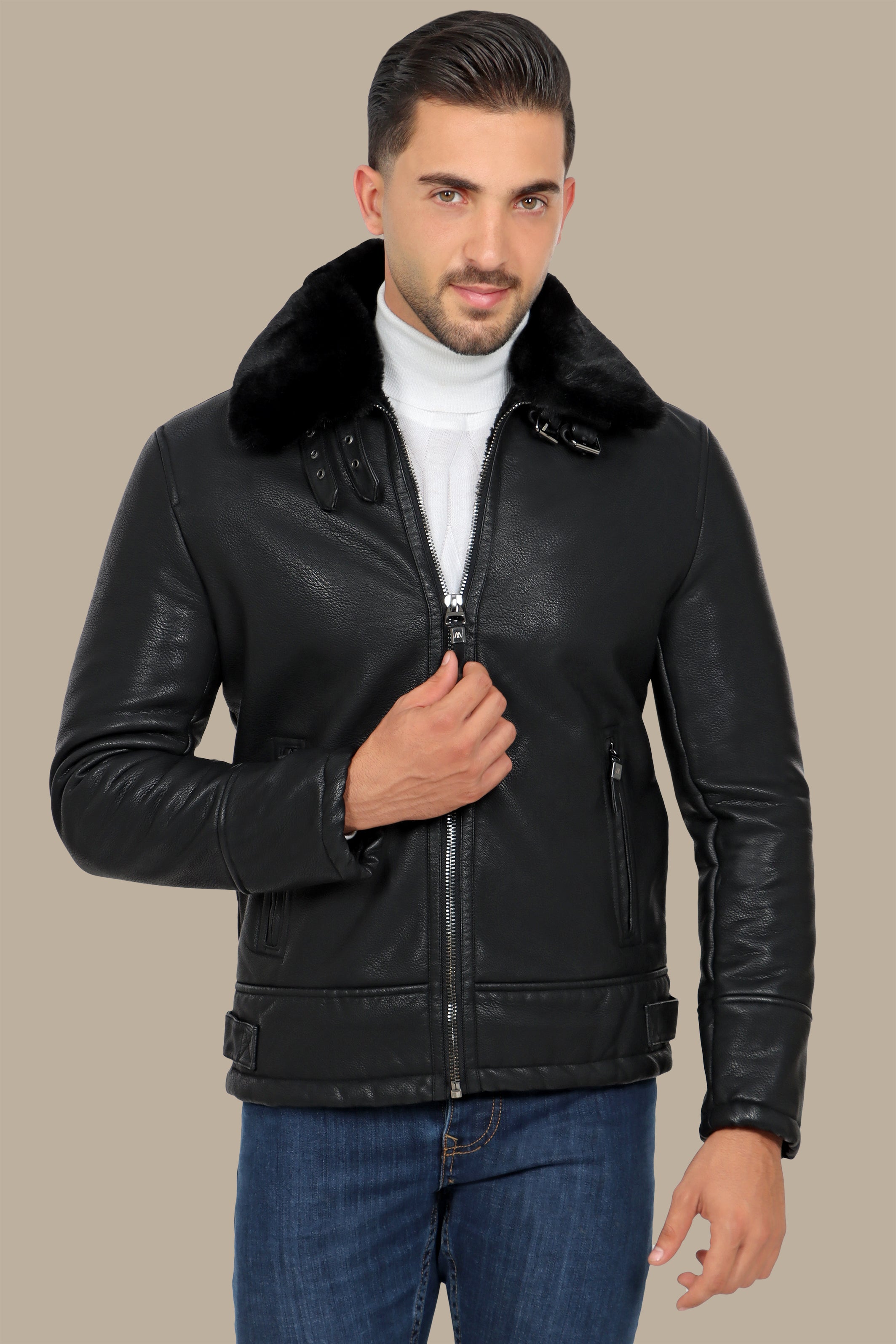 Black Leather Jacket with Fur Collar