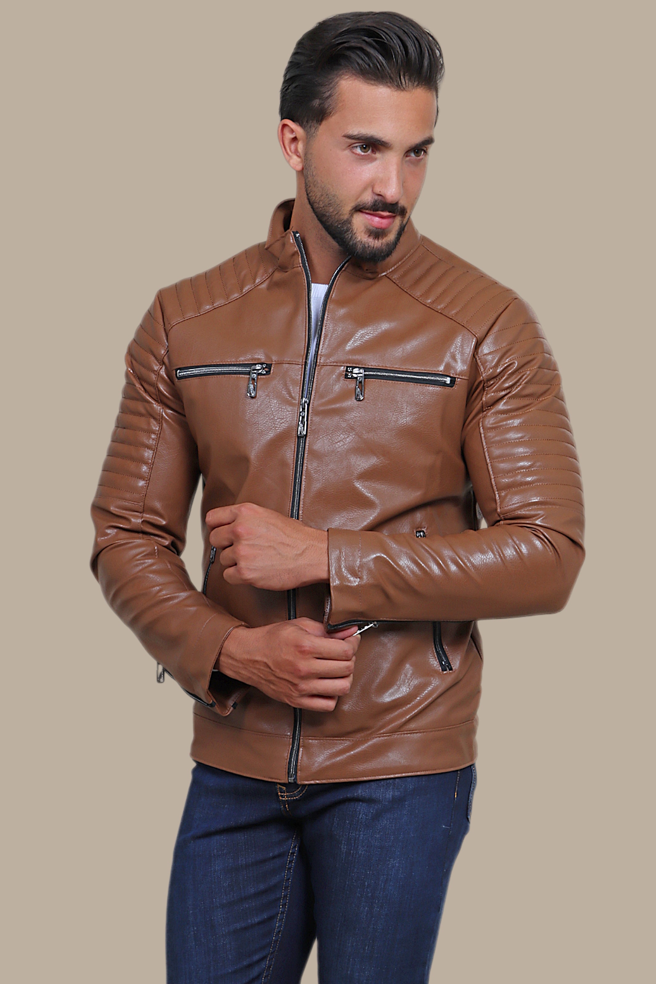 Havane Hues: Faux Leather Biker Jacket with Four Zippers