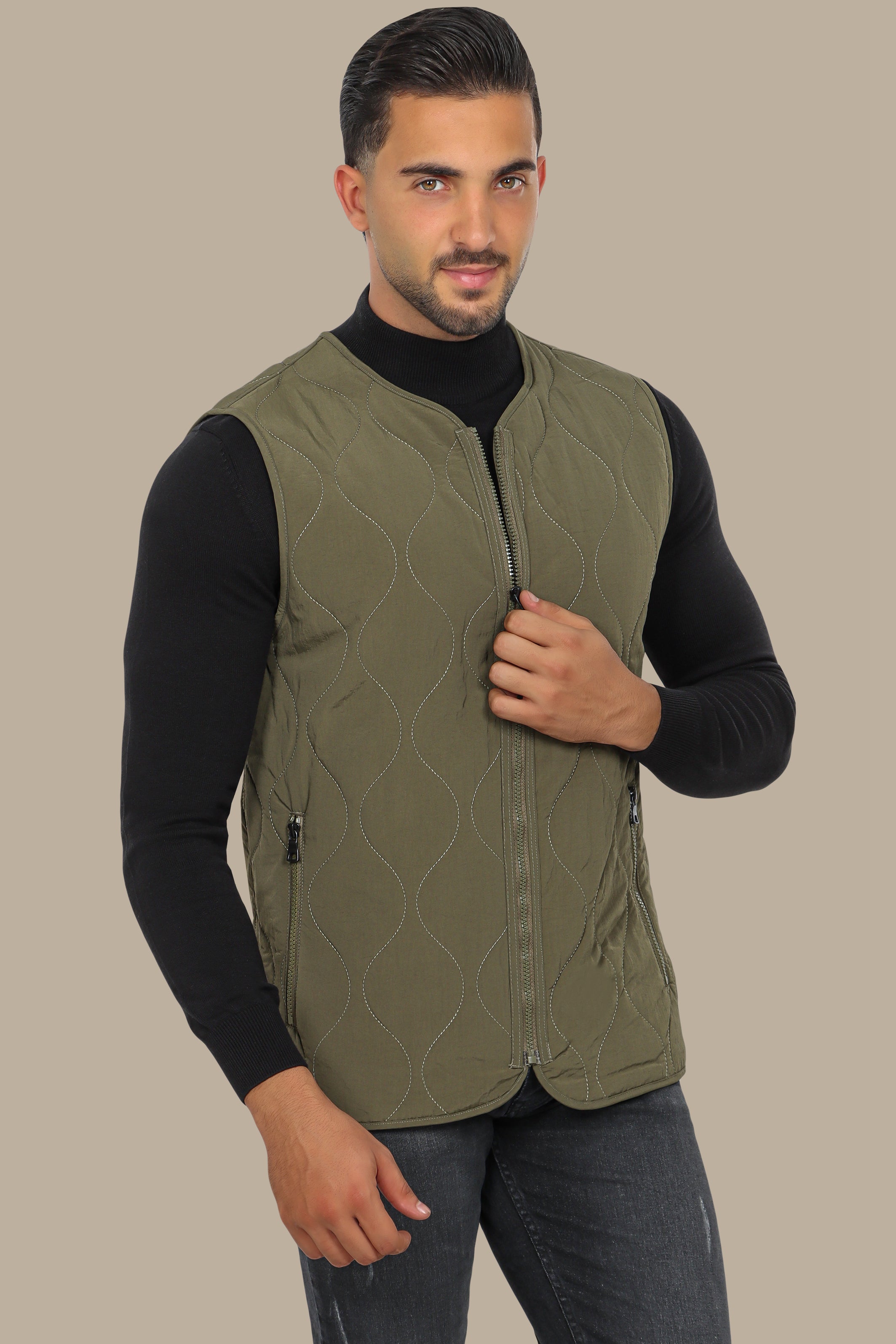 Khaki Puffer Vest with Wavy Stitch